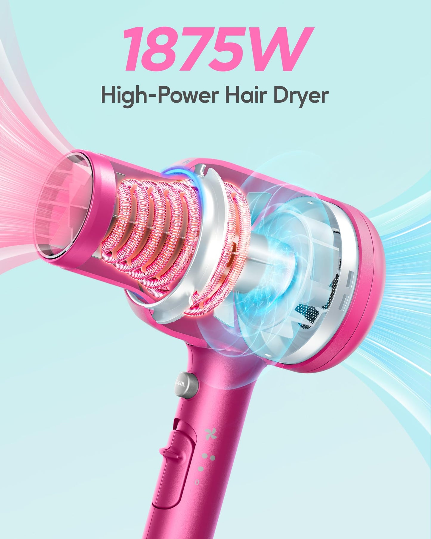 Wavytalk Negative Ions Hair Dryer Professional 1875 Watt Blow Dryer with Concentrator Diffuser and Nozzle Comb Fast Drying Light and Quiet with Ceramic Technology for All Hair Types Fuchsia Rose Red