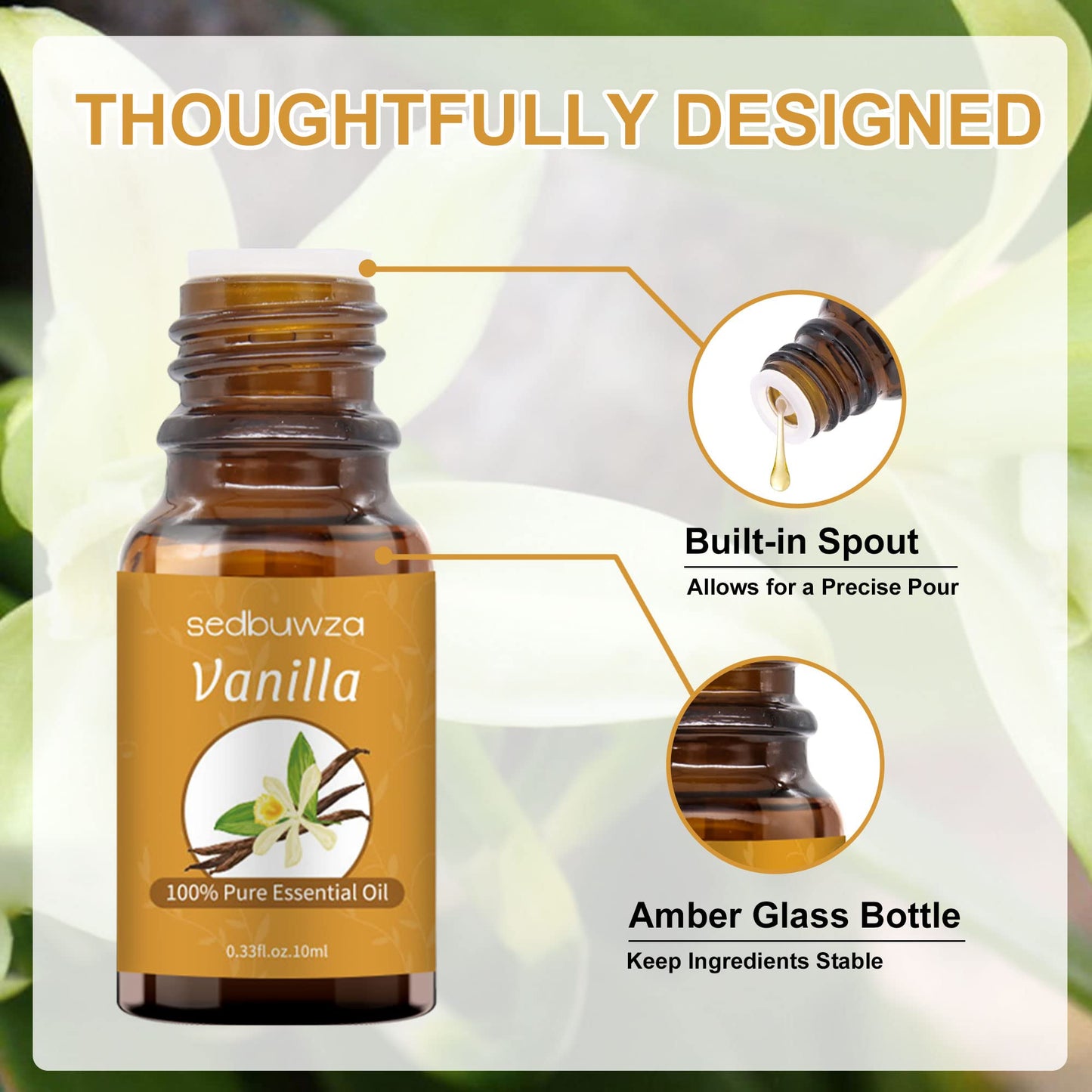 Sedbuwza Vanilla Essential Oil, Pure Organic Vanilla Fragrance Oil for Diffuser, Humidifier, Soap, Candle, Perfume