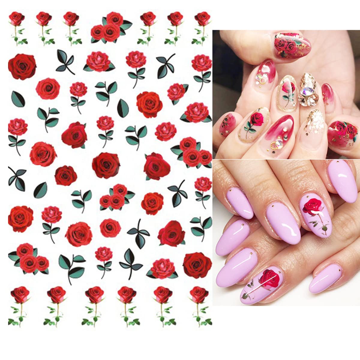 8 Sheets Rose Nail Stickers 3D Flower Decals for Nail Art,Pink Cherry Leaf Small Daisy Retro Flowers Leaf Self-Adhesive Nail Designs Sticker Fashion Simple Floral DIY Manicure Decoration Supplies