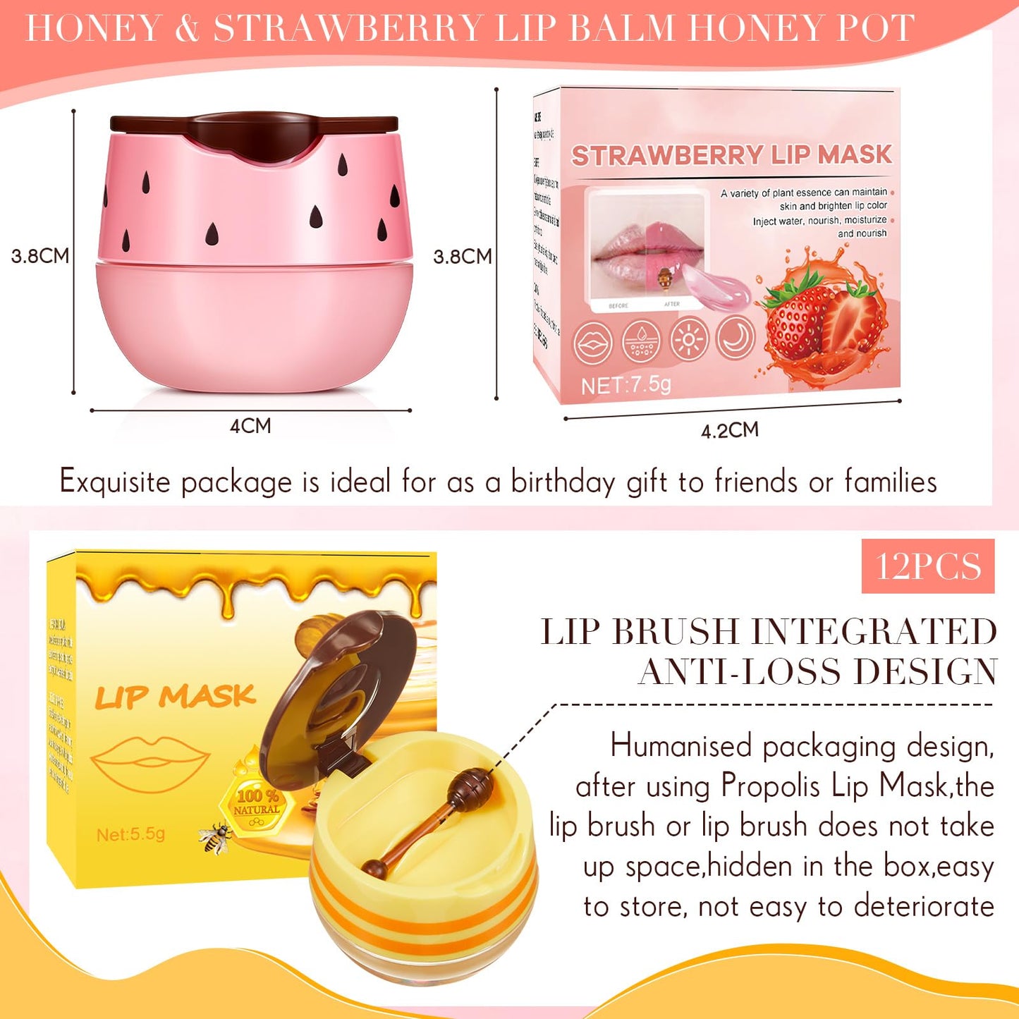 Dansib 12 Pcs Bee Lip Balm Honey Pot with Brush Propolis Lip Mask Overnight, Moisturizing Hydrating Lip Sleeping Mask Prevention Dry and Cracked(Honey+Strawberry)