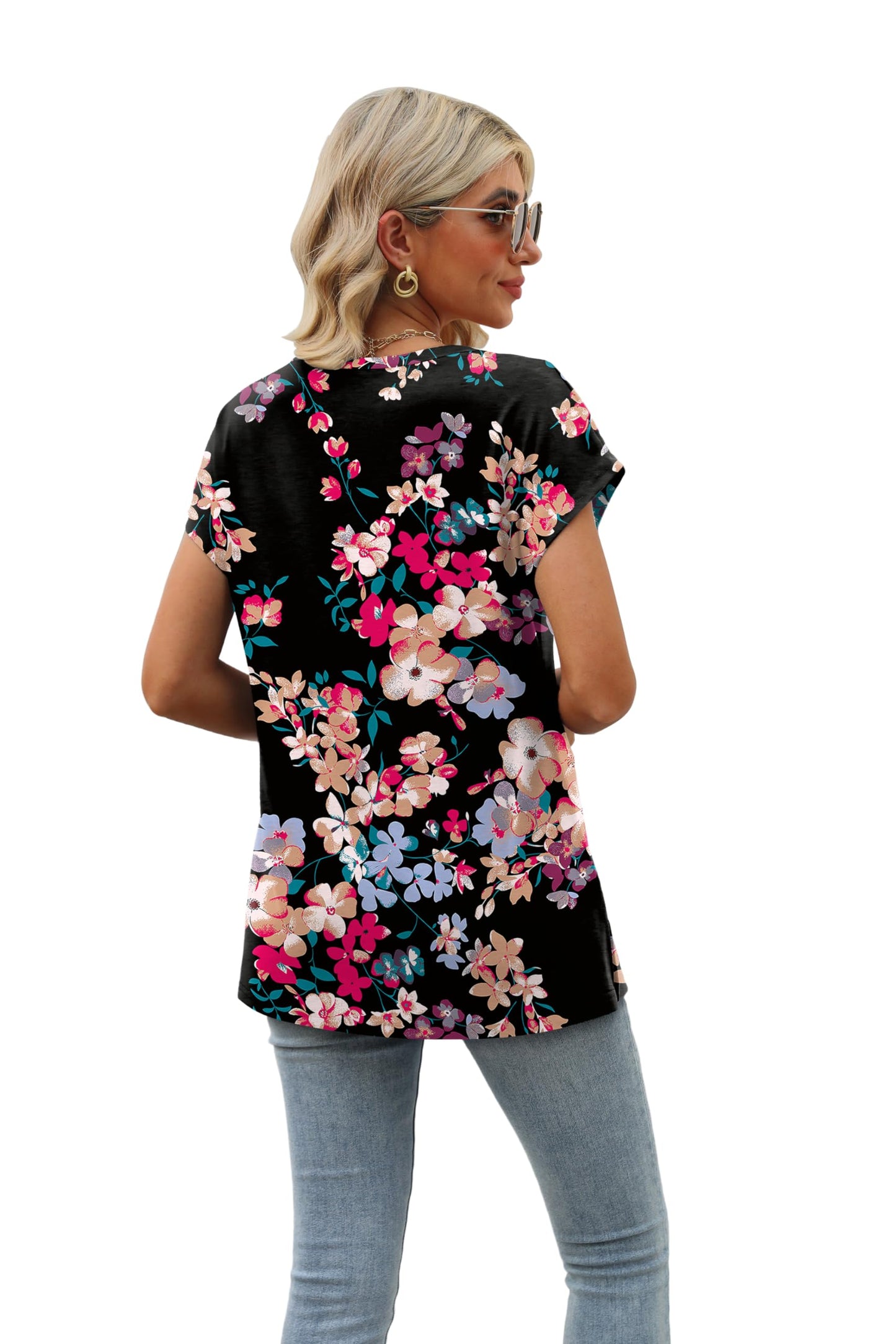 Tshirts Shirts for Women Floral Vacation Summer Tops Short Sleeve Blouses Print Black Floral S