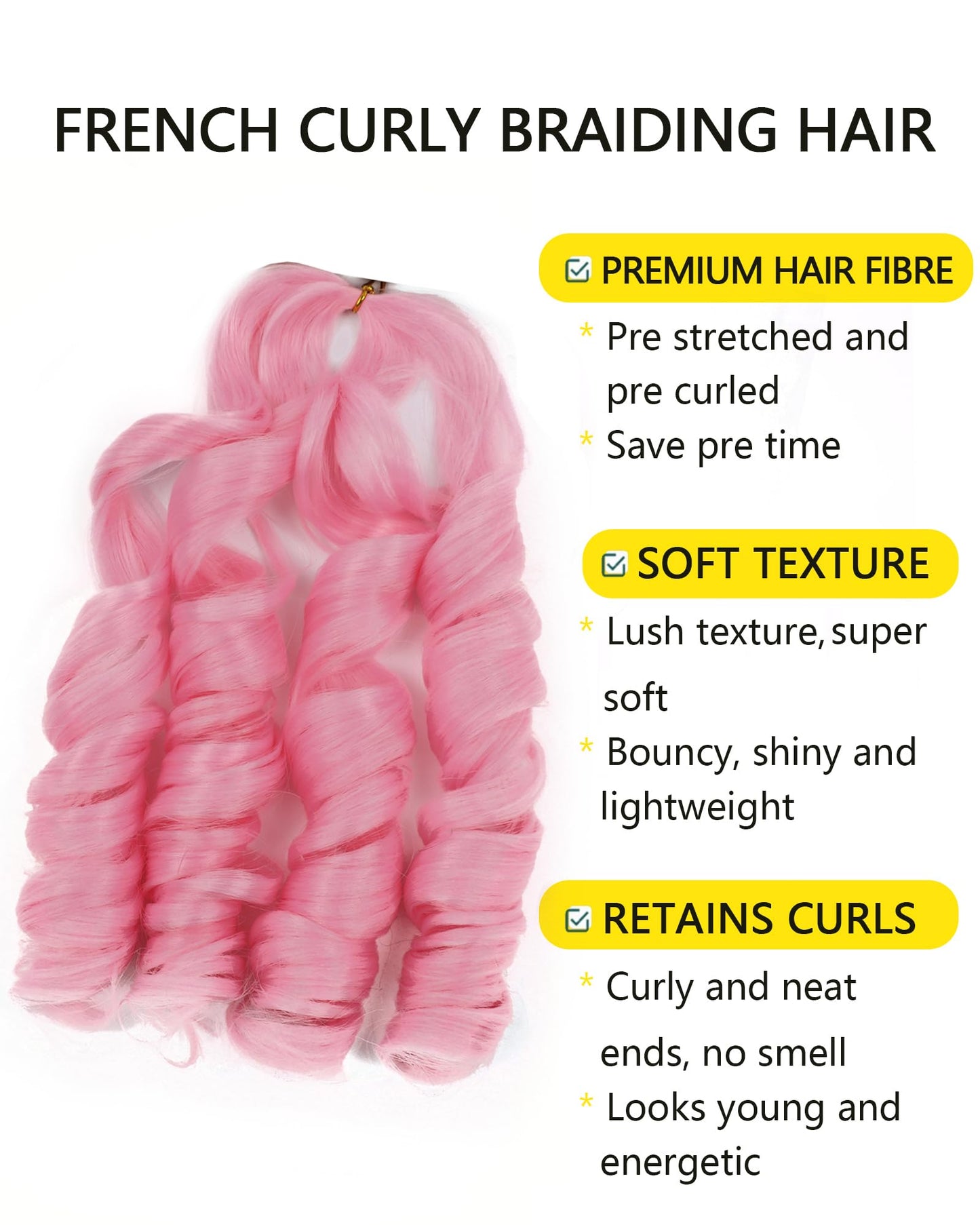 20 Inch French Curl Braiding Hair Pink 2 Packs French Curls Braiding Hair Curly Braiding Hair French Curl Box Braids with Curly Ends French Braid in Hair Extensions (20 Inch,Pink,2Pc)