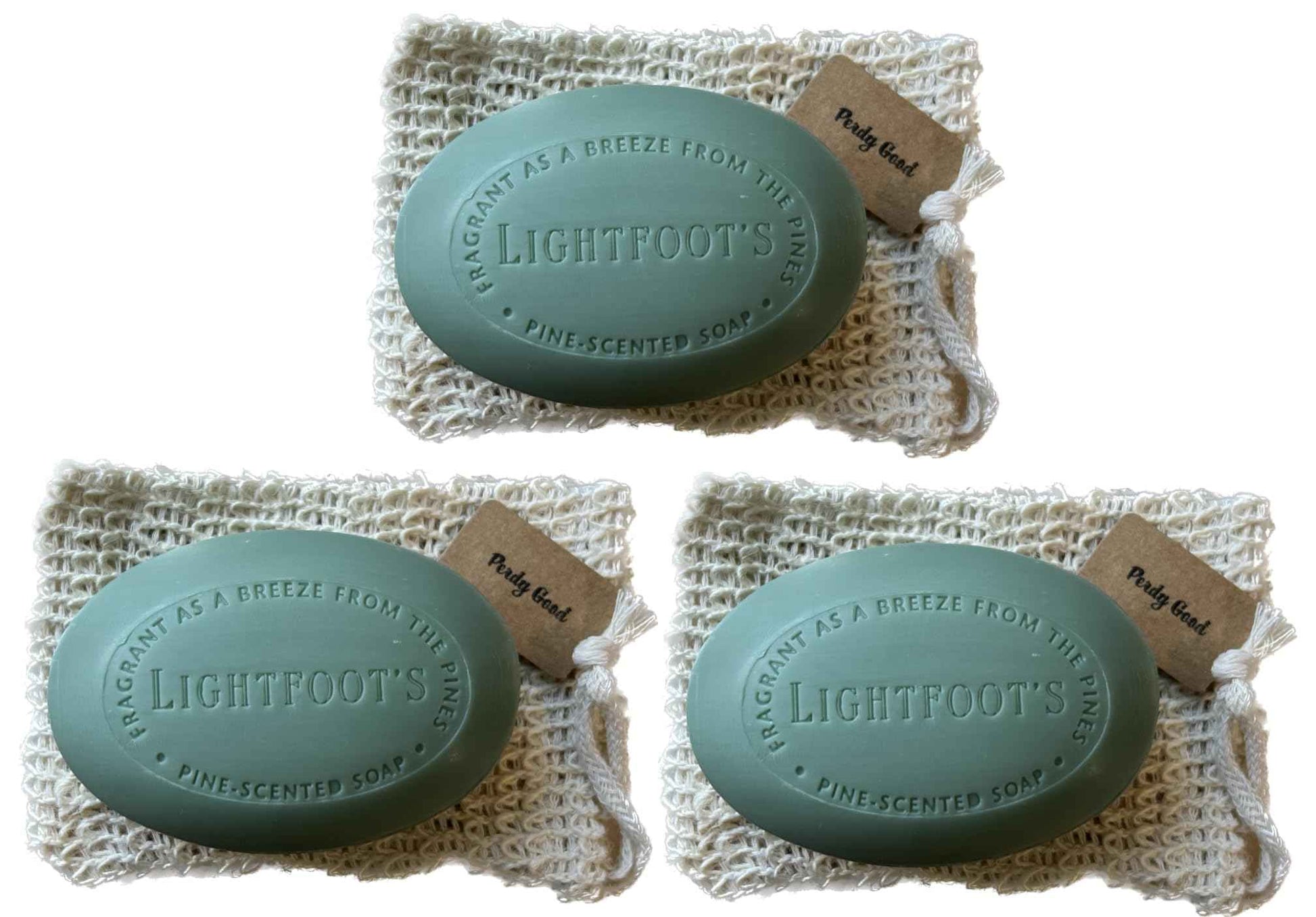 Perdy Good Lightfoot's Pine Soap for Men (3 Bars), 3 Plastic Free Exfoliating Sisal Saver Bags