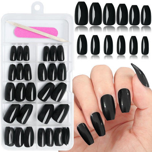 EternalClassic 120pcs Black Press on Nails Medium Coffin, Black Fake Nails Medium Ballerina Acrylic Nails Press on Coffin Tips Artificial False Nails with Adhesive Tabs for Women Girls