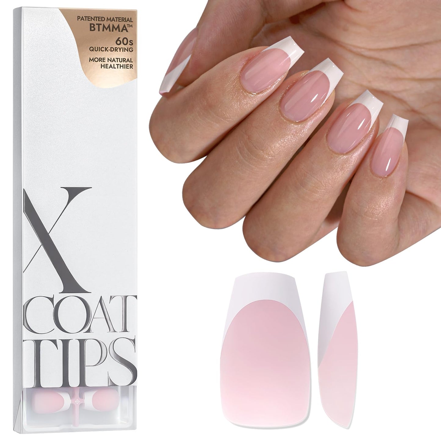 BTArtboxnails French Gel Nail Tips - French Tip Press on Nails Pink Short Coffin XCOATTIPS Pre-applied Tip Primer & Base Coat, No Need to File Fake Nails for Nail Art DIY