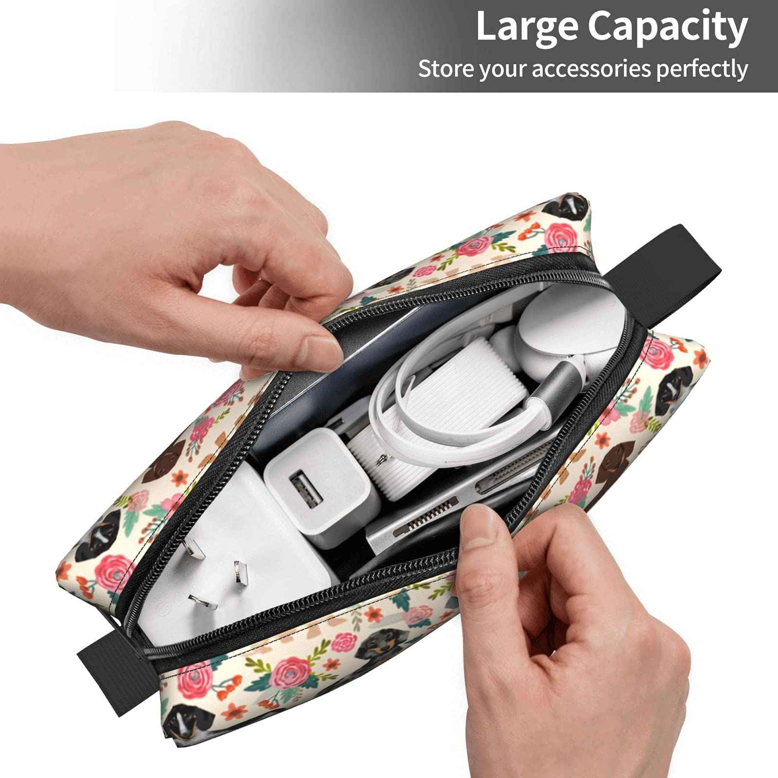 Floral Dachshund Makeup Bag Adorable Travel Cosmetic Toiletry Organizer Case For Women