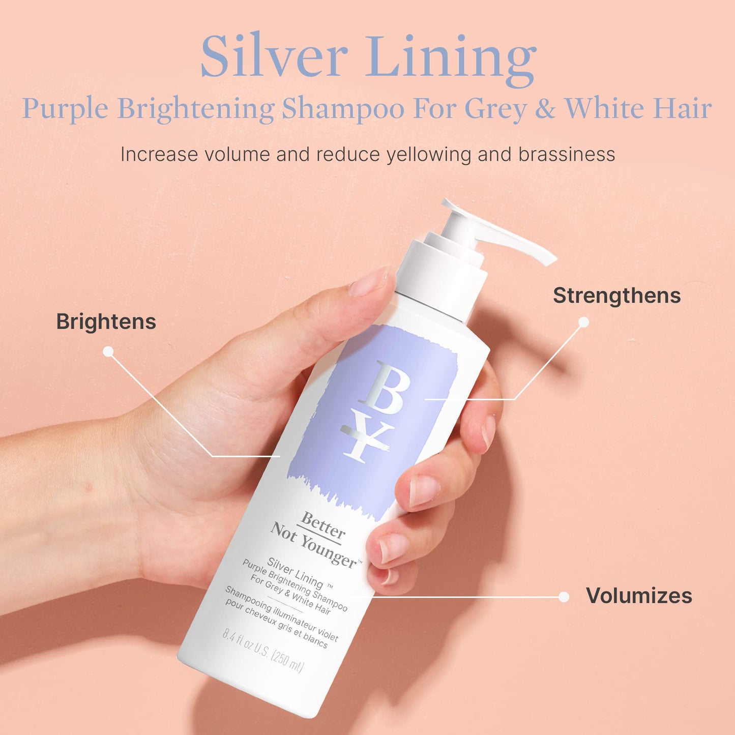 Better Not Younger Silver Lining Purple Shampoo - Sulfate-Free Purple Shampoo for Blonde Hair w Burdock Root, Bamboo, Sage, & Hops - Cruelty-Free White & Grey Hair Shampoo, 8.4 Fl Oz