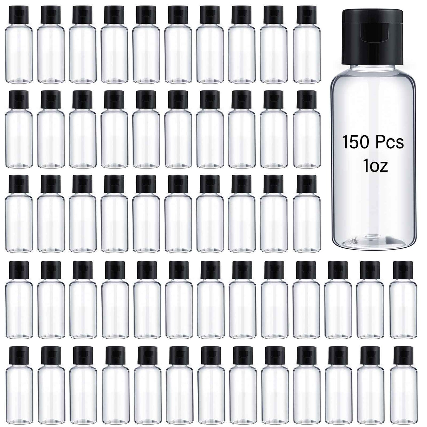 Mimorou 150 Pcs 1oz Travel Bottles Bulk for Toiletries Clear Small Travel Size Bottles Bulk Refillable Empty Containers for Shampoo Lotion Liquid Body Soap Cream Toiletries(Black Cap)