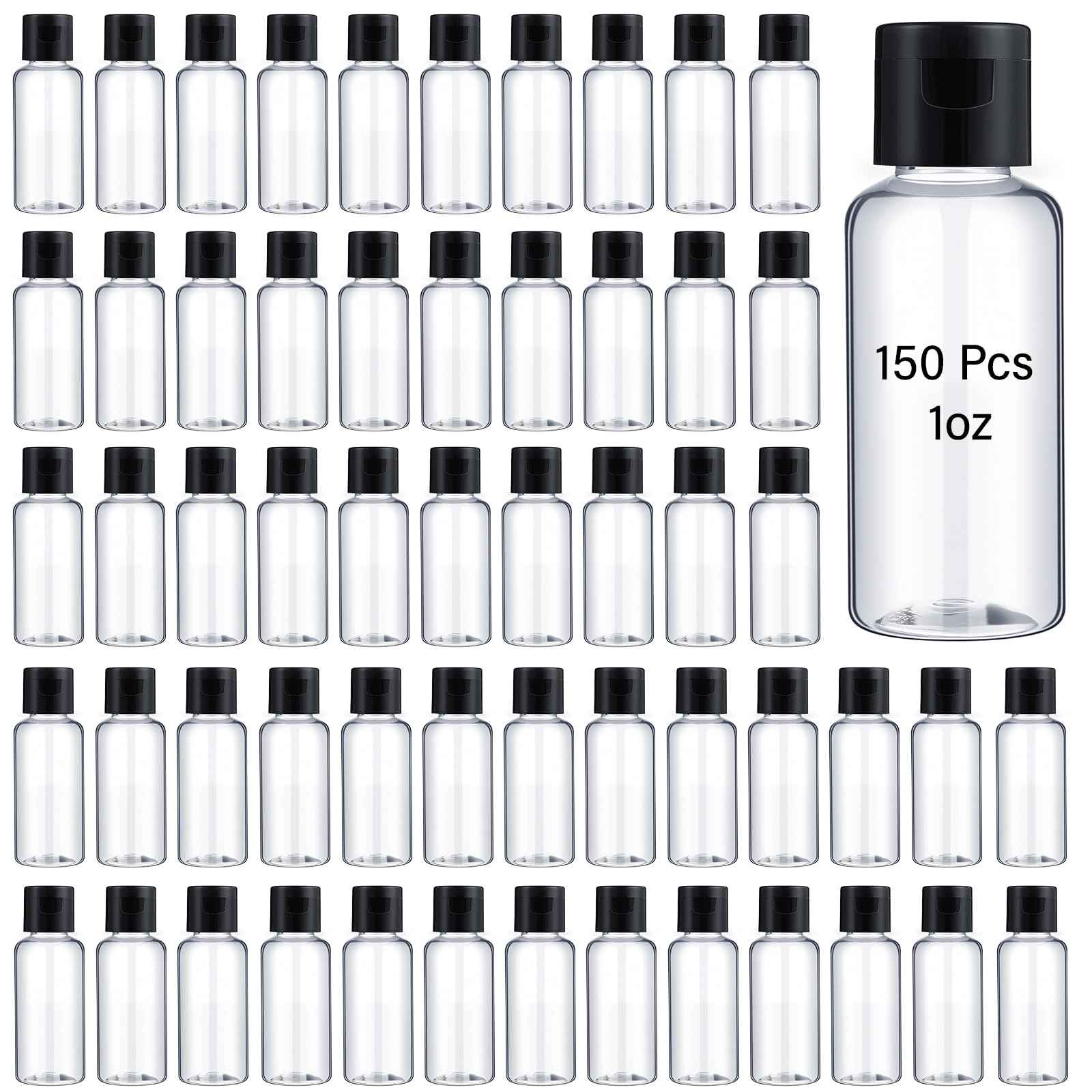Mimorou 150 Pcs 1oz Travel Bottles Bulk for Toiletries Clear Small Travel Size Bottles Bulk Refillable Empty Containers for Shampoo Lotion Liquid Body Soap Cream Toiletries(Black Cap)