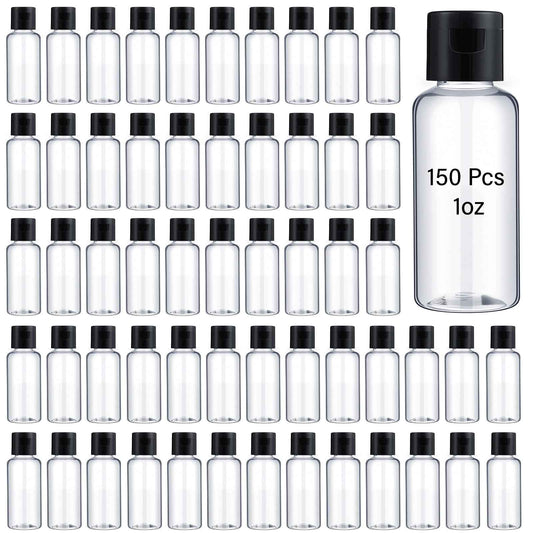 Mimorou 150 Pcs 1oz Travel Bottles Bulk for Toiletries Clear Small Travel Size Bottles Bulk Refillable Empty Containers for Shampoo Lotion Liquid Body Soap Cream Toiletries(Black Cap)