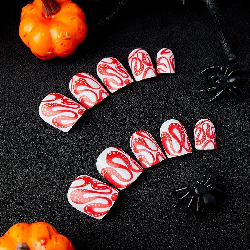 Press on Nails Short Fake Nails Square with Red Snake Swirls Designs Acrylic Glue on Nails Glossy False Nails Full Cover Stick on Nails Artificial Static Nails for Women 24Pcs