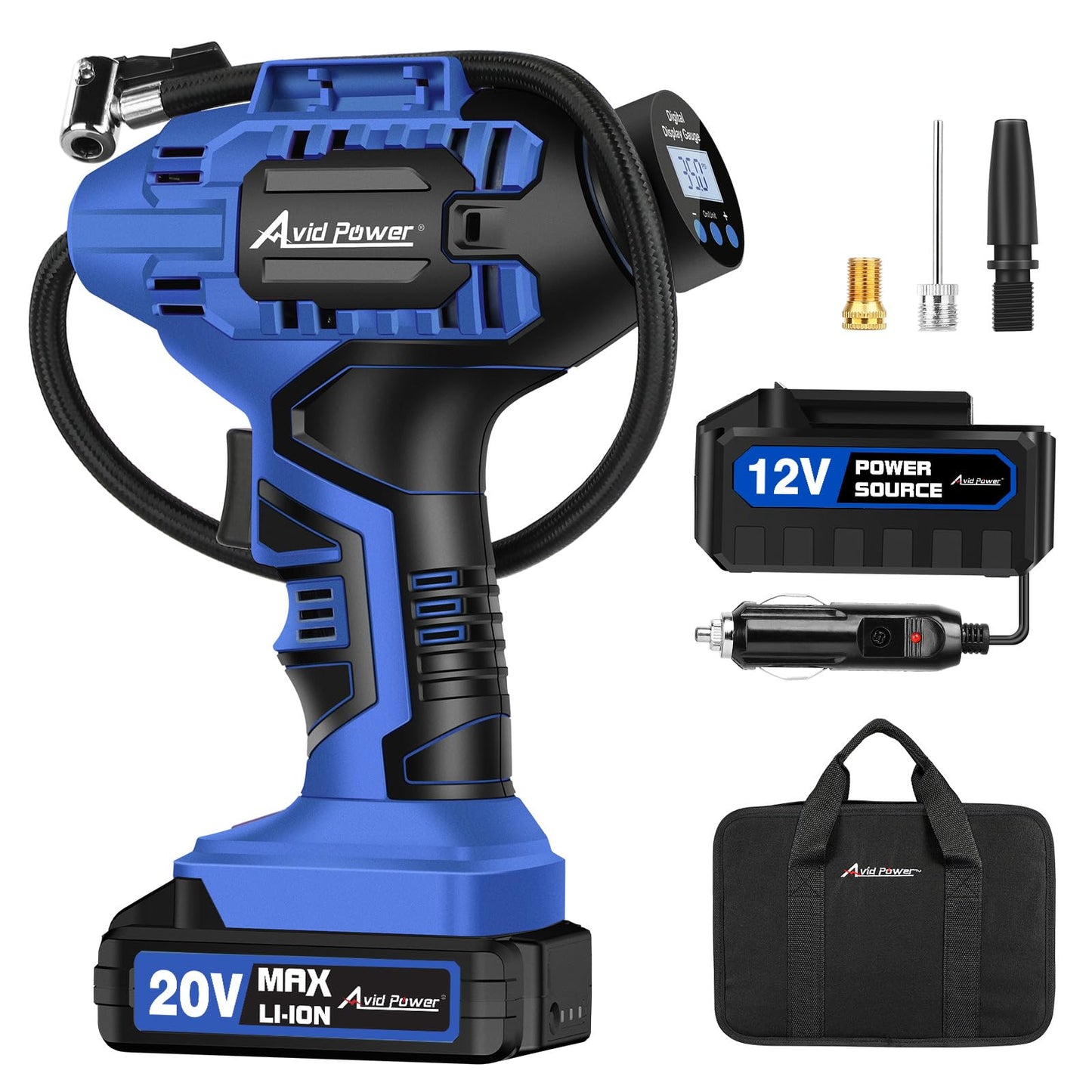 Avid Power Cordless Tire Inflator Portable Air Compressor, 20V Rechargeable Battery Tire Pump w/ 12V DC Power Adapter, Digital Pressure Gauge, Auto Air Pump for Many Inflatables (Blue)