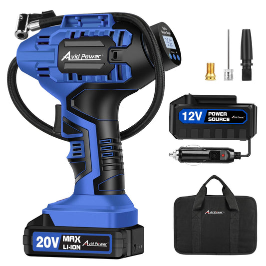 Avid Power Cordless Tire Inflator Portable Air Compressor, 20V Rechargeable Battery Tire Pump w/ 12V DC Power Adapter, Digital Pressure Gauge, Auto Air Pump for Many Inflatables (Blue)