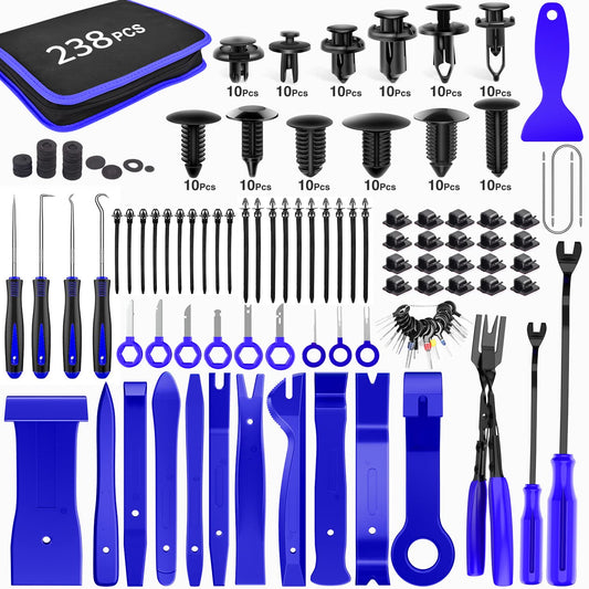 GOOACC 238Pcs Trim Removal Tool, Auto Push Pin Bumper Retainer Clip Set Fastener Terminal Remover Tool Adhesive Cable Clips Pry Kit Car Panel Radio Removal Auto Clip Pliers (GRC-207)