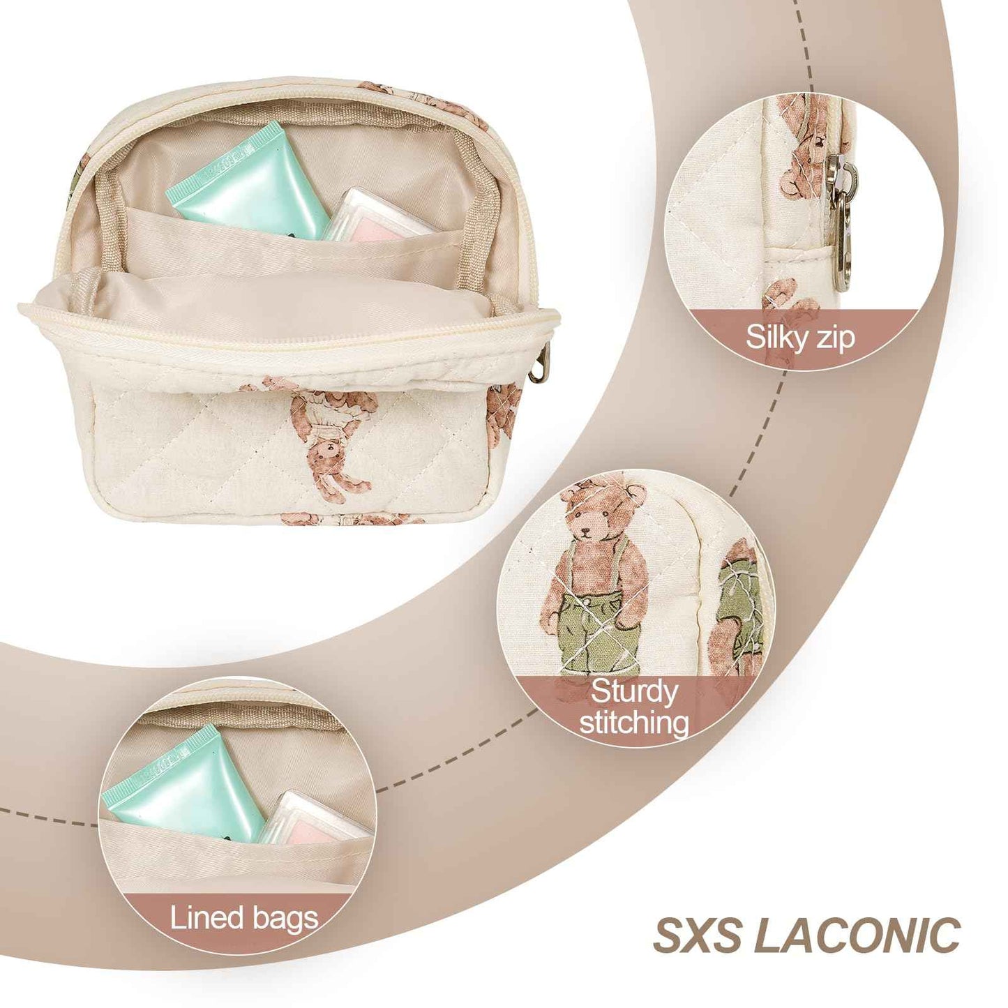 SXS LACONIC Small Makeup Bag for Purse,Quilted Cosmetic Pouch, Mini Make up Bags with Compartments Inside, Cute Cosmetic Organizer for Women, Travel Toiletry Bag