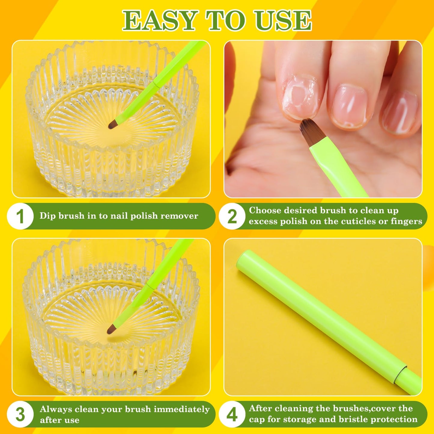 Fluorescent Green Nail Art Clean Up Brushes for Cleaning Polish Mistakes on the Cuticles, Acetone Resistant Nail Brushes, and Fingernail Cleaning Brushes for Nail Art and Designs (Round&flat&Bevel)