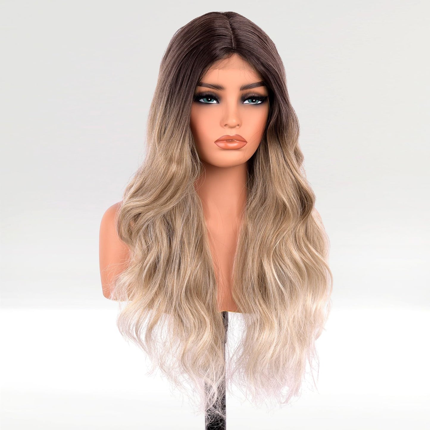 EALGA Brown Ombre Blonde Wavy Wigs for Women, Gradient Brown Mixed Blonde Synthetic Hair Long Wavy Wigs for Women, EALGA-077