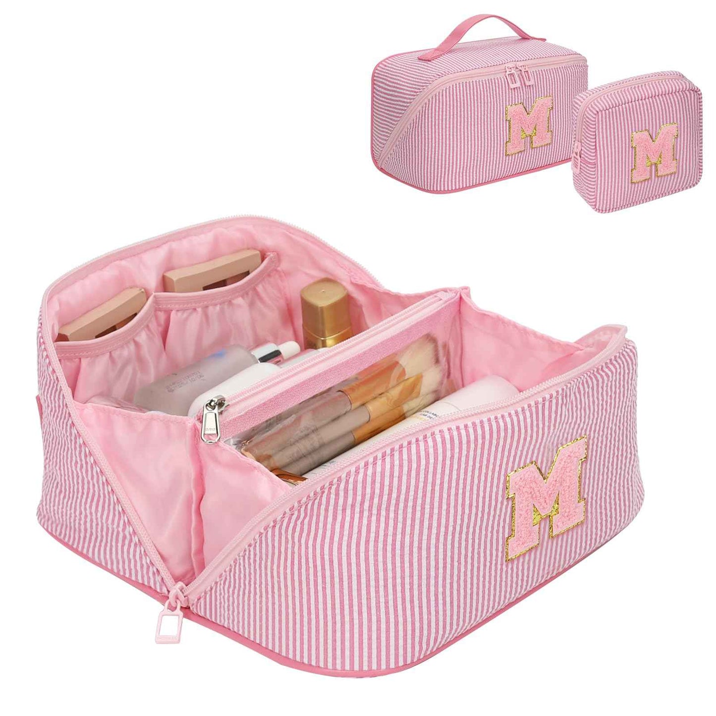 Travel Makeup Bag for Women, 2Pcs Portable Personalized Initial Makeup Organizer Bag, Open Flat Large Cosmetic Bag With Travel Essential Pouch (Pink Letter M)