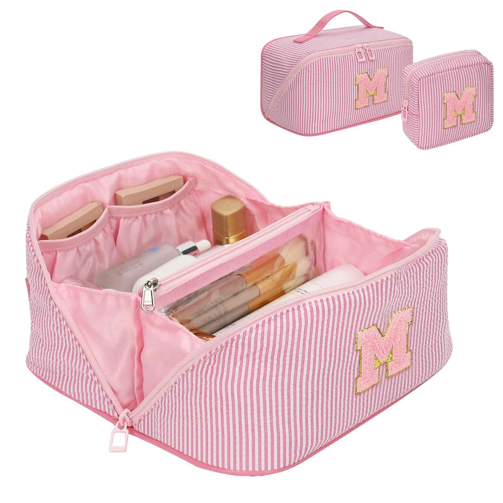 Travel Makeup Bag for Women, 2Pcs Portable Personalized Initial Makeup Organizer Bag, Open Flat Large Cosmetic Bag With Travel Essential Pouch (Pink Letter M)