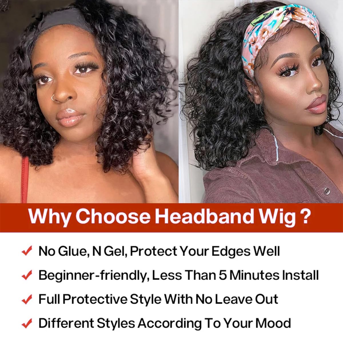 12''Water Wave Headband Wig Human Hair 150% Density Afro Wigs for Black Women Natural Curls 10A Glueless None Lace Front Wigs Easy to Wear Wig Water Wave Machine Made Wig