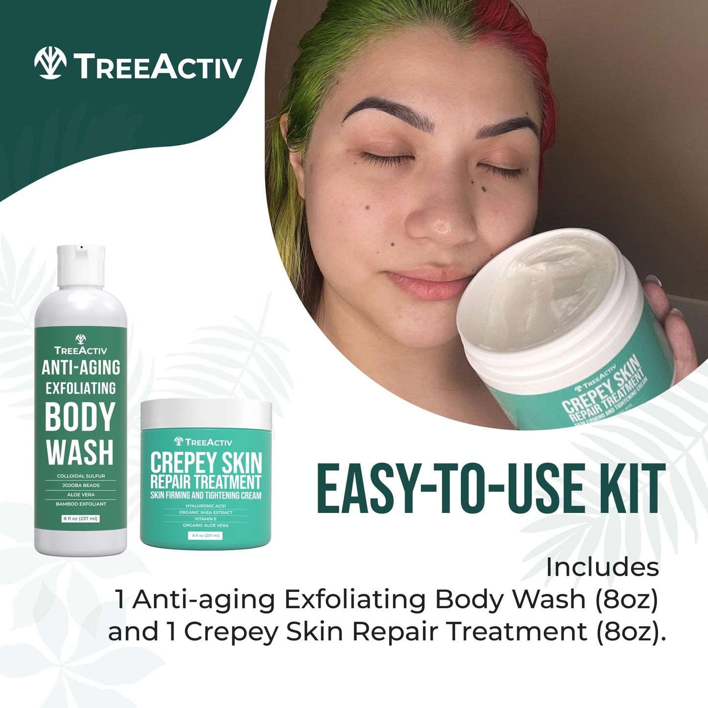 TreeActiv Crepey Skin Repair Kit, Includes Anti-Aging Exfoliating Body Wash, 8oz, Crepe Skin Cream, 8oz, Skin Tightening Cream for Body and Face. Hydrates and Tighten Dry Crepe Skin, Crepe Skin Cream