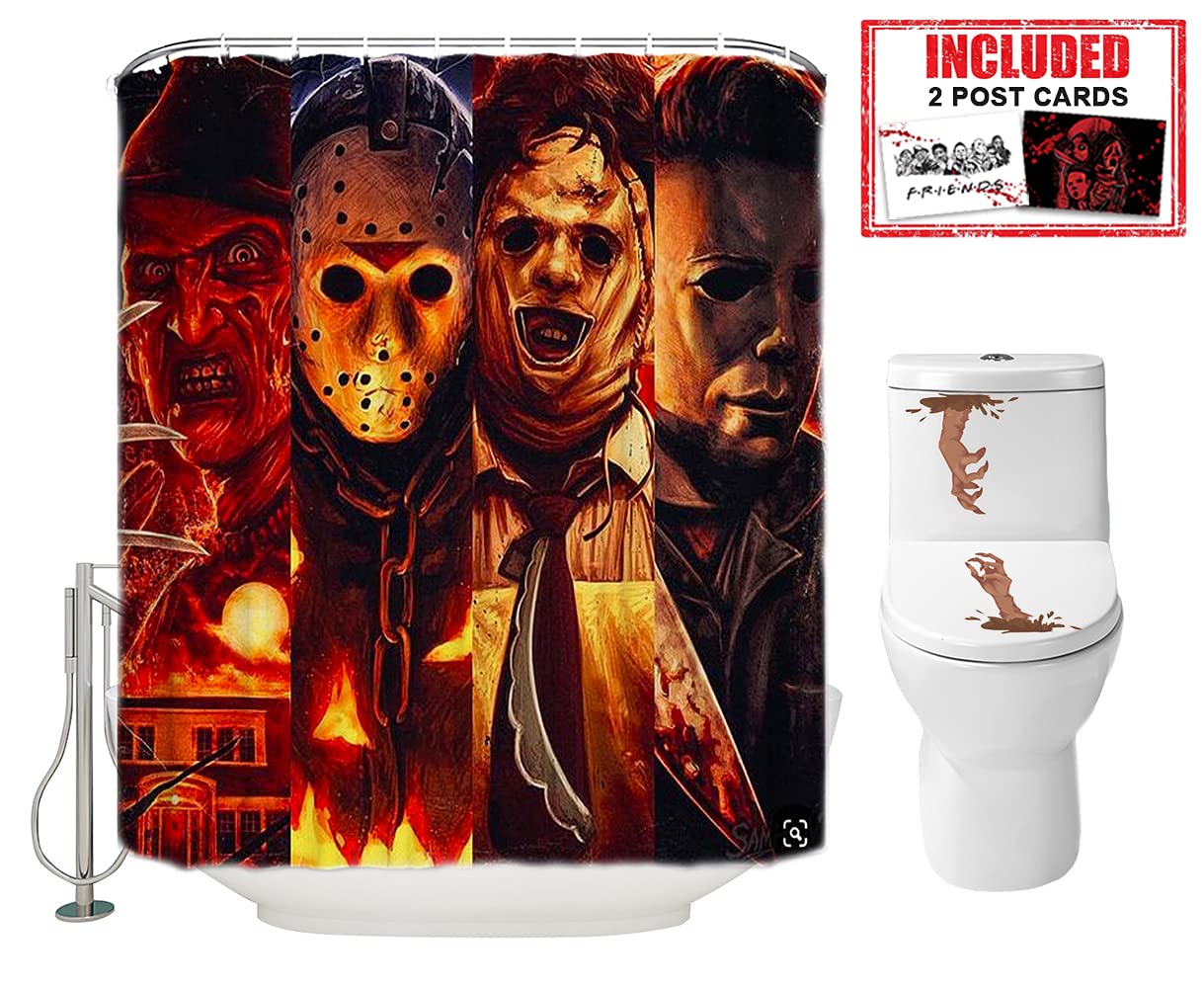 Halloween Shower Curtain Set for Bathroom- Scary Killer Freddy Jason Michael, Horror Movie Themed Holiday Polyester Fabric Decoration with Hooks and Toilet Stickers, Christmas Party Decor 72x72