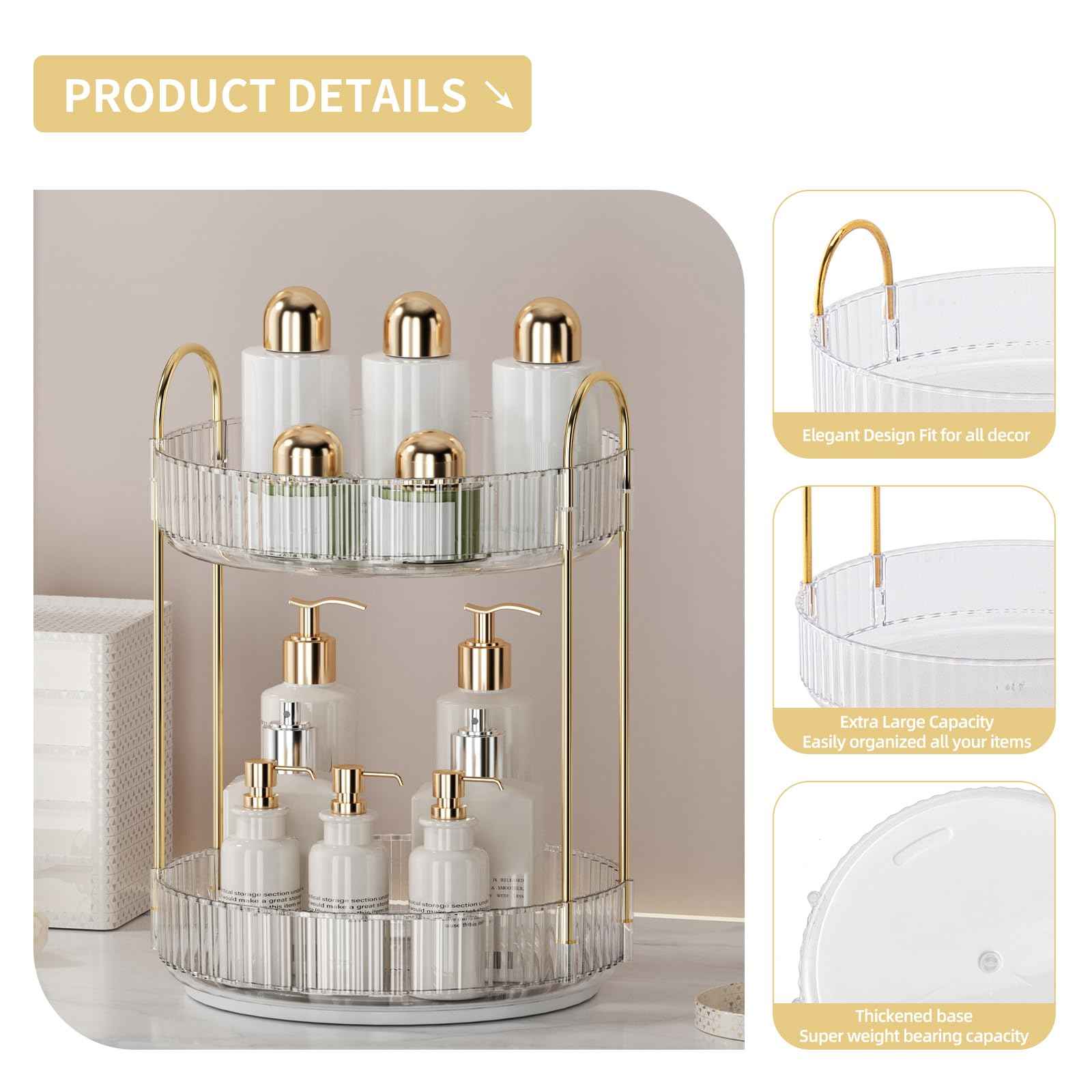 360° Rotating Makeup Organizer for Vanity - 2 Tier Perfume Organizer with Large Capacity - Skincare Organizer for Bathroom Counter - Space-Saving Cosmetic Storage for Dresser Countertop (Clear)
