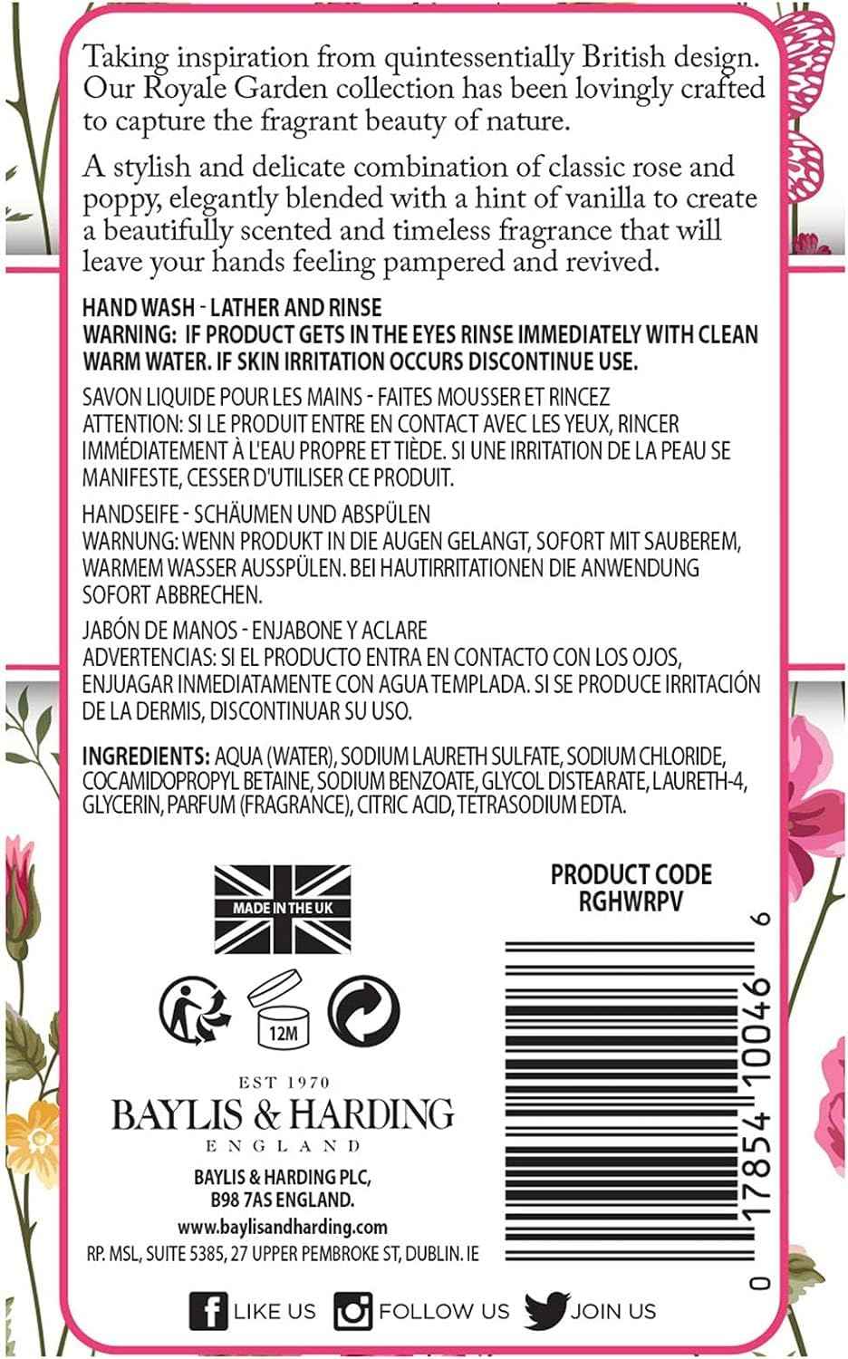 Baylis & Harding Liquid Hand Soap Wash with Dispenser, Royale Garden, Rose, Poppy & Vanilla, 16.9oz/500ml (6-Pack)