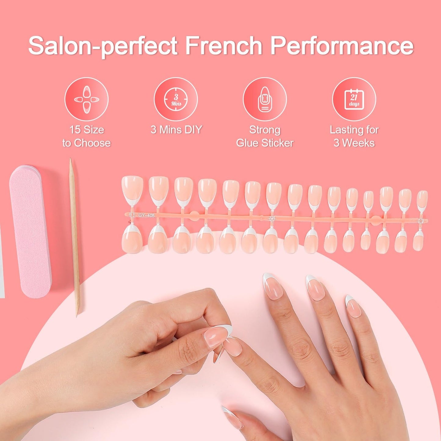 LIARTY 150 Pcs French Press On Nails Short Almond, French Tip False Nails Manicure, 15 Size Acrylic Full Cover Artificial Fake Nails (Natural)