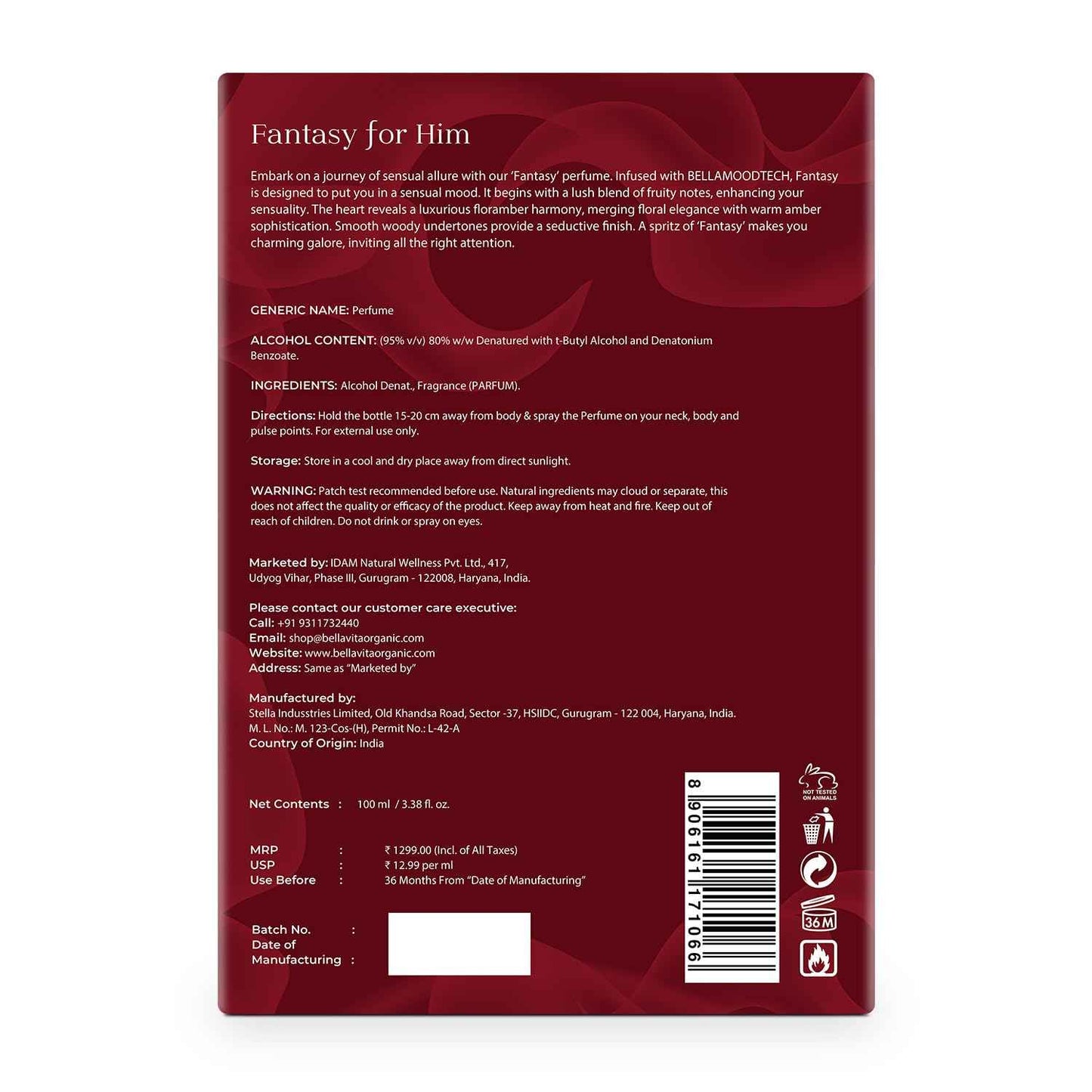 BELLAVITA Luxury Mood Collection FANTASY Perfume for Men 100ml | Pheromone Inspired Technology Long Lasting Fragrance | Notes of Orange, Vetiver and Saffron | Floral, Spicy Premium Fragrance