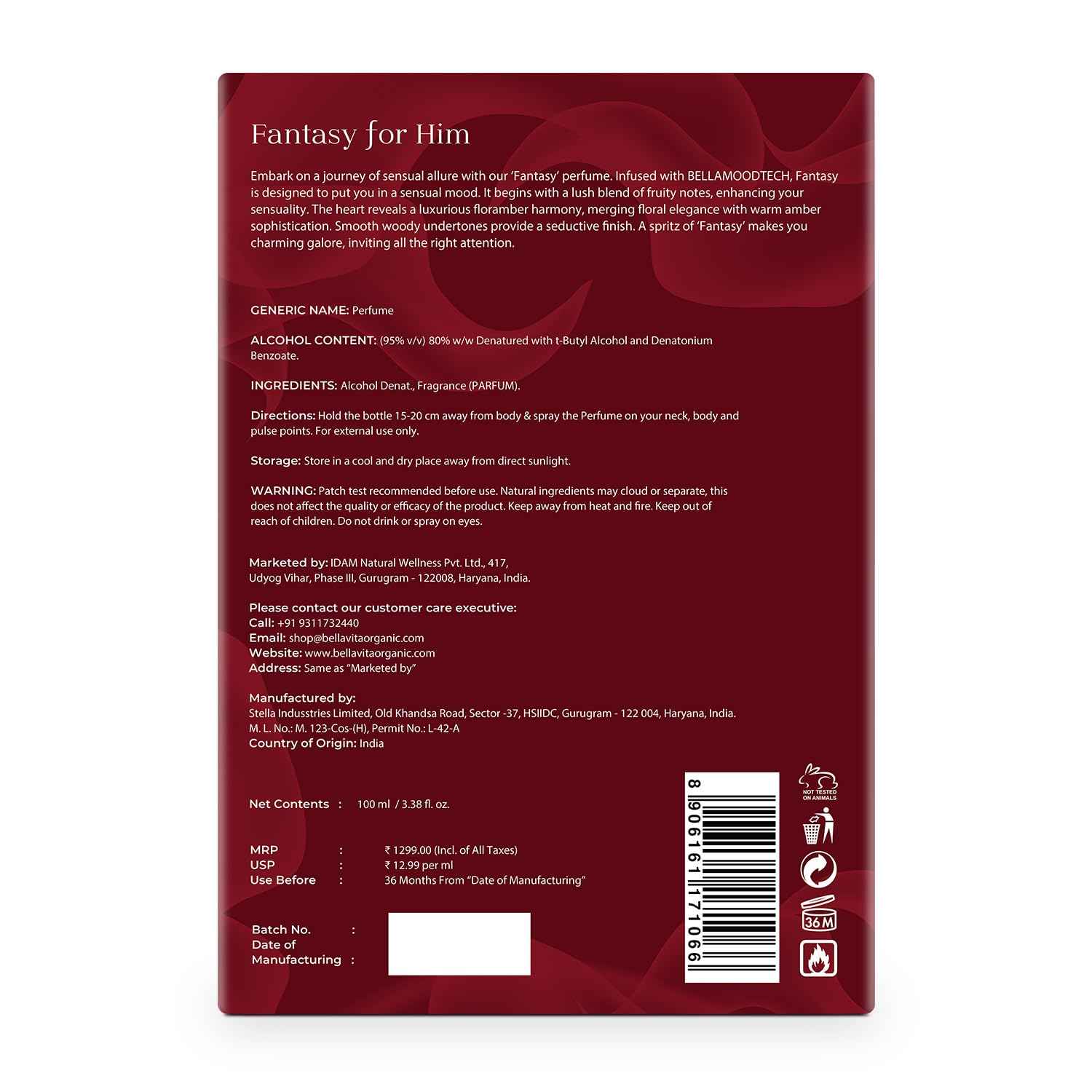 BELLAVITA Luxury Mood Collection FANTASY Perfume for Men 100ml | Pheromone Inspired Technology Long Lasting Fragrance | Notes of Orange, Vetiver and Saffron | Floral, Spicy Premium Fragrance