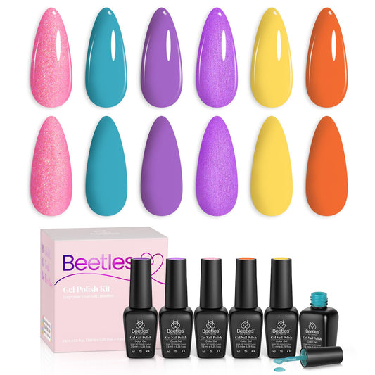 Beetles Gel Nail Polish Set-6 Pcs Fall Gel Nail Polish Colors Dream Pink Glitter Red Purple Yellow Neon Gel Polish Soak Off Nail Lamp Uv Gel Shimmer Polish Manicure Kit Gifts for Women