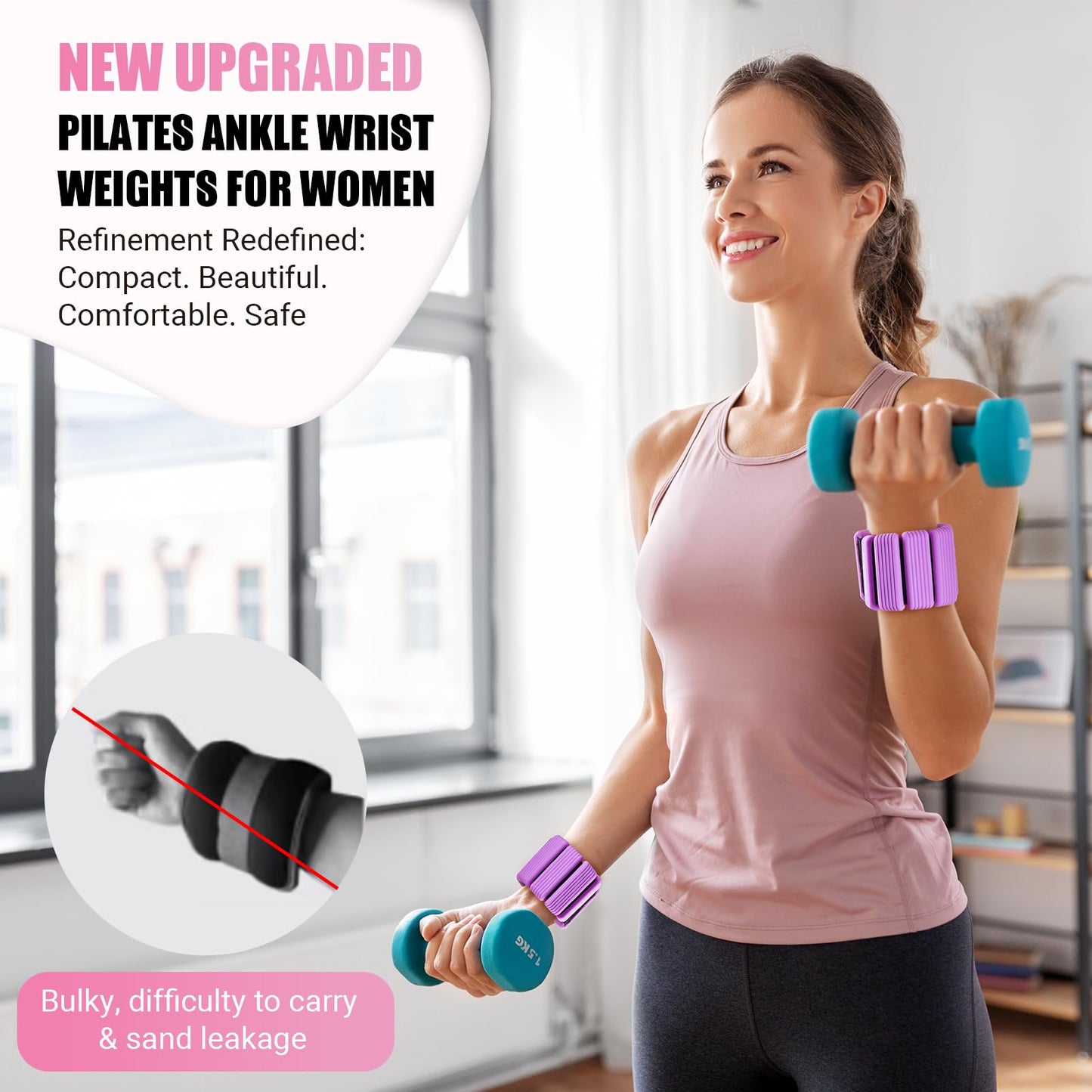 Pilates Wrist Ankle Weights for Women, Wearable Strong Arm & Leg Weights Set of 2(1Lbs Each), Adjustable Ankle Weights for Walking, Yoga, Dance, Barre, Gym