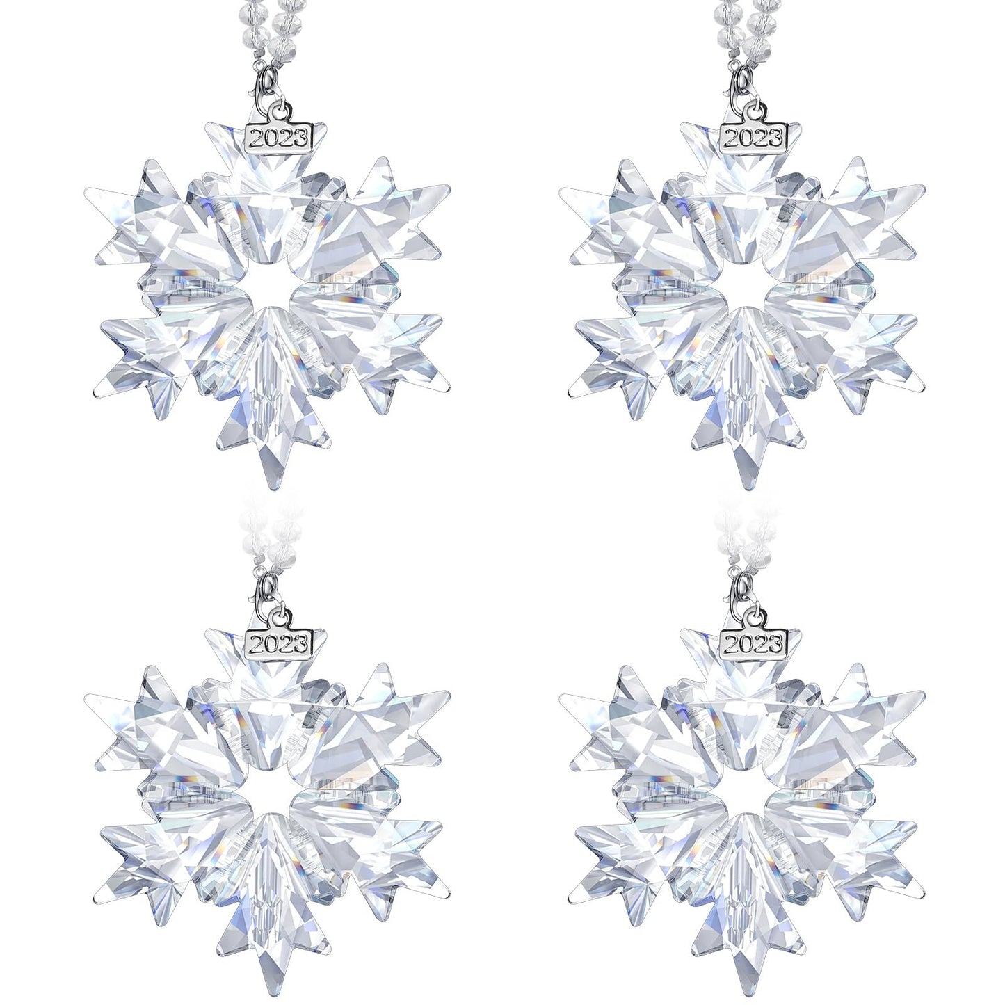 Remerry 2024 Annual Edition Christmas Ornaments White Clear Snowflake Crystal Ornaments Star Christmas Tree Hanging Pendant with Beads Chain Ribbon and Gift Box for Xmas Party(Clear,4 Sets)