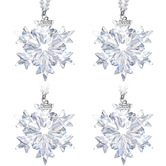 Remerry 2024 Annual Edition Christmas Ornaments White Clear Snowflake Crystal Ornaments Star Christmas Tree Hanging Pendant with Beads Chain Ribbon and Gift Box for Xmas Party(Clear,4 Sets)