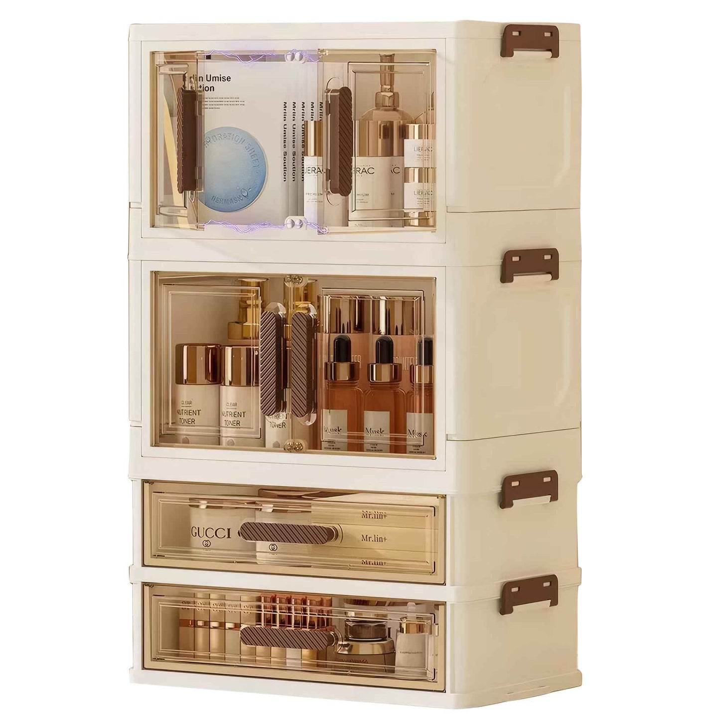 A stackable desktop organizer with drawers and compartments, ideal for storing cosmetics, beauty tools, jewelry, and school supplies in a student dorm. Features a convenient magnetic door handle.