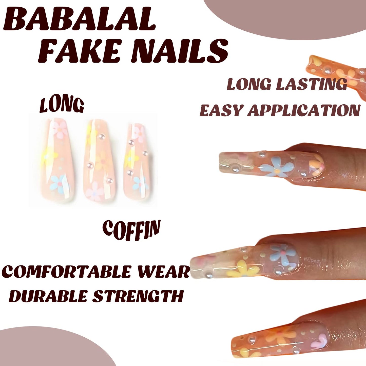 BABALAL Coffin Press on Nails Long Fake Nails FLower Glue on Nails 24Pcs Spring Summer Design Ballerina Rhinestone Acrylic Nails Manicure Art False Nails Stick on Nails for Coquette Women Girls