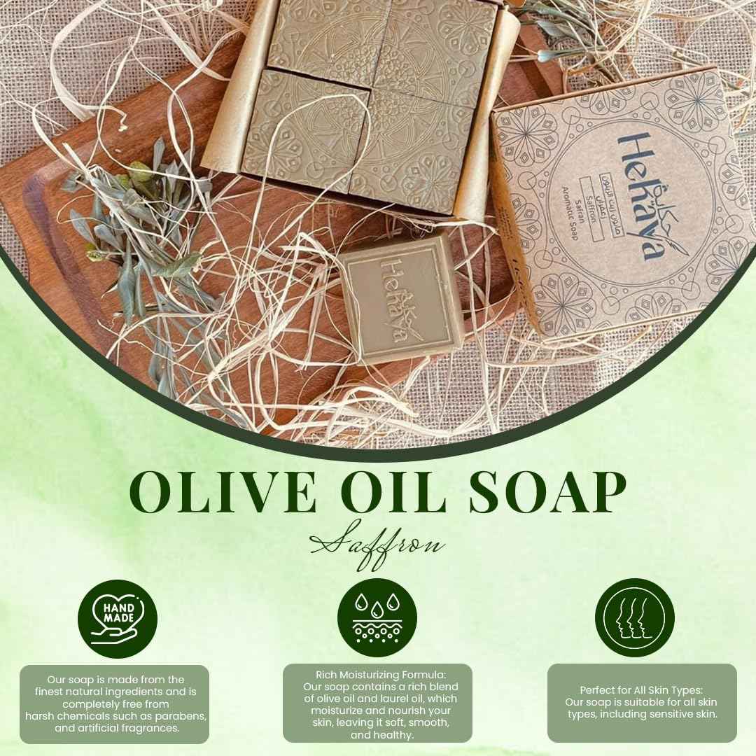 Natural Olive Oil Soap bars with Organic Ingredients, Vegan Soap, Moisturizing, Handmade, Scented With Essential Oils, Body Soap Bars for Women and men (Saffron) (Pack of 4 Bars) 17.6 Ounce