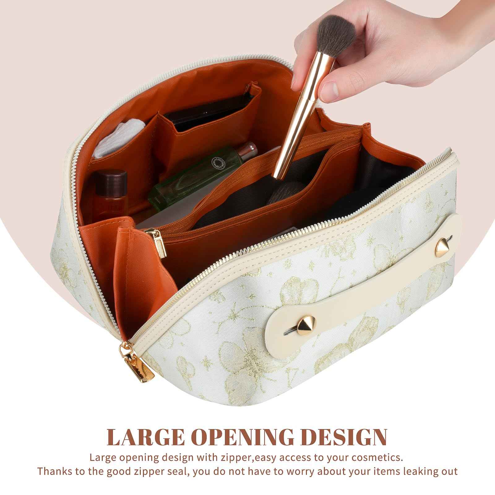 KEYPOWER Large Capacity Cosmetic Bag with Butterfly Pattern Travel Makeup Bag Portable Toiletry Bag with Handle for Women (White)