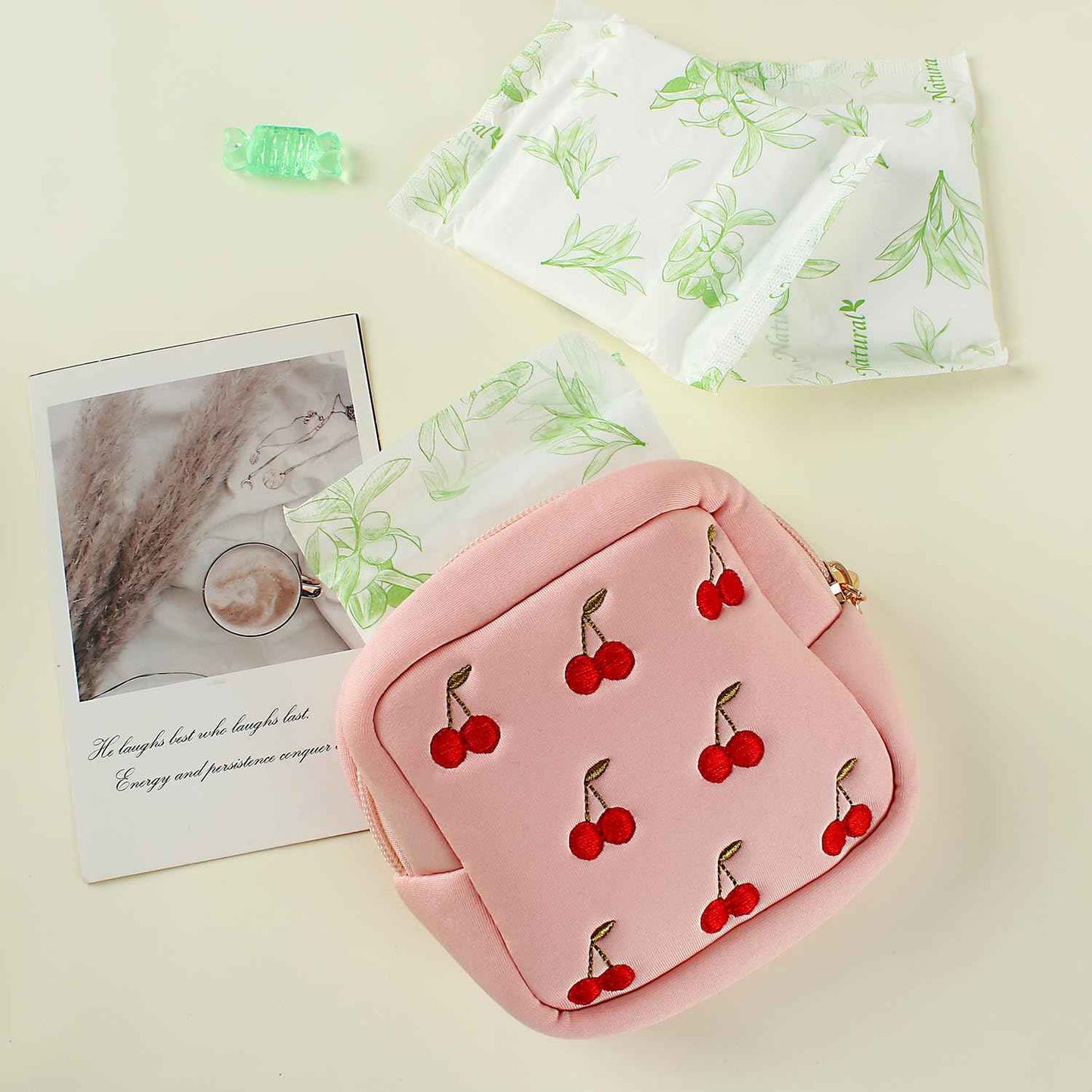 ZUCOLUS Pink Period Bag for Teen Girls, Mini Sanitary Napkin Storage Makeup Bag,Small Cherry Embroidery Period Bag for Women Girls