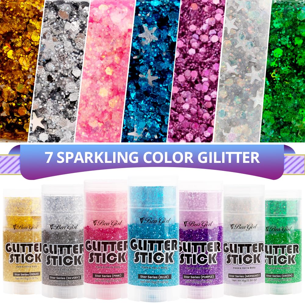 Beagirl Body Glitter Stick Set, Rainbow Face Glitter, Festival Glitter, Cosmetic Glitter - Chunky Glitter for Face, Lips, Eyes, Hair, Party – 3pc Pink Star Glitter, Blue Glitter, Sequin Purple Glitter