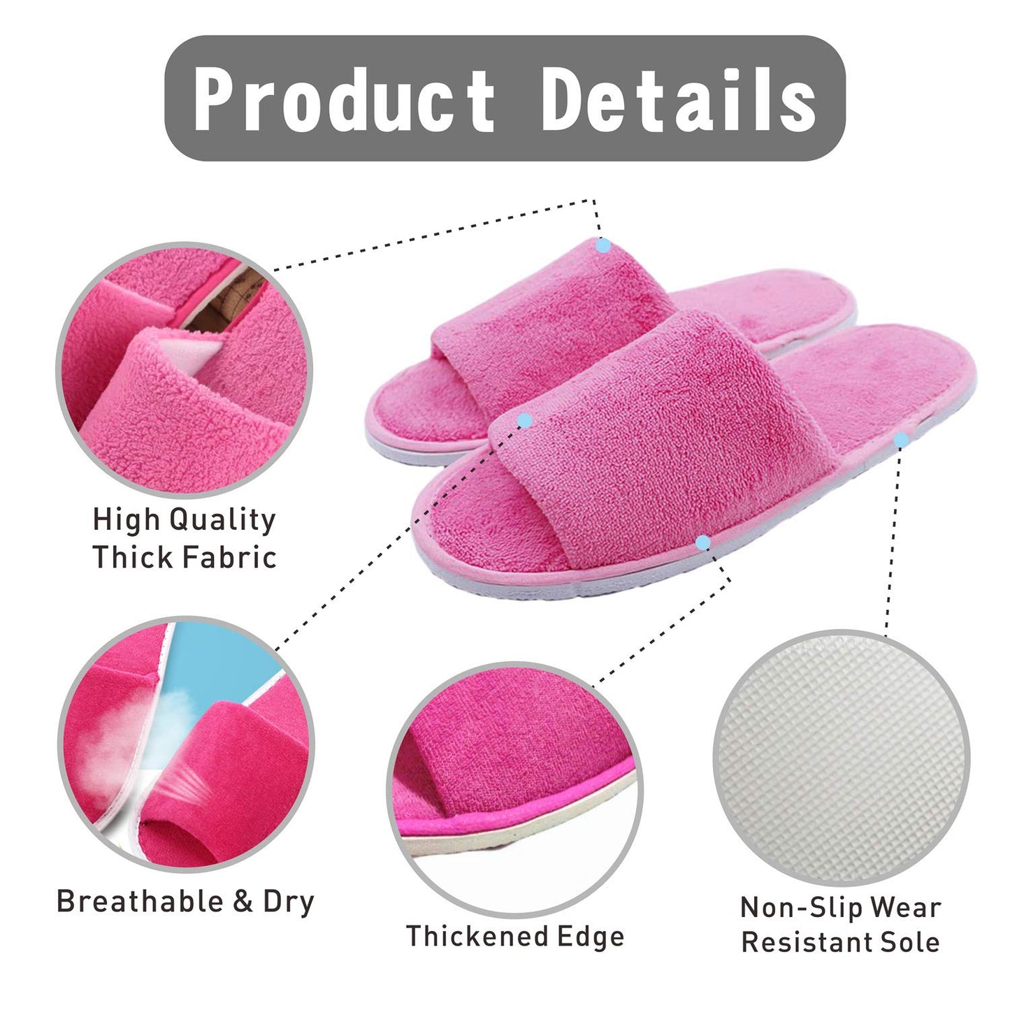 Spa Slipper- 5 Pairs of Velvet Open Toe Slippers with Travel Bags- One Size Fit Most Men and Women for Spa, Party Guest, Hotel and Travel, Washable and Non-Disposable Pink