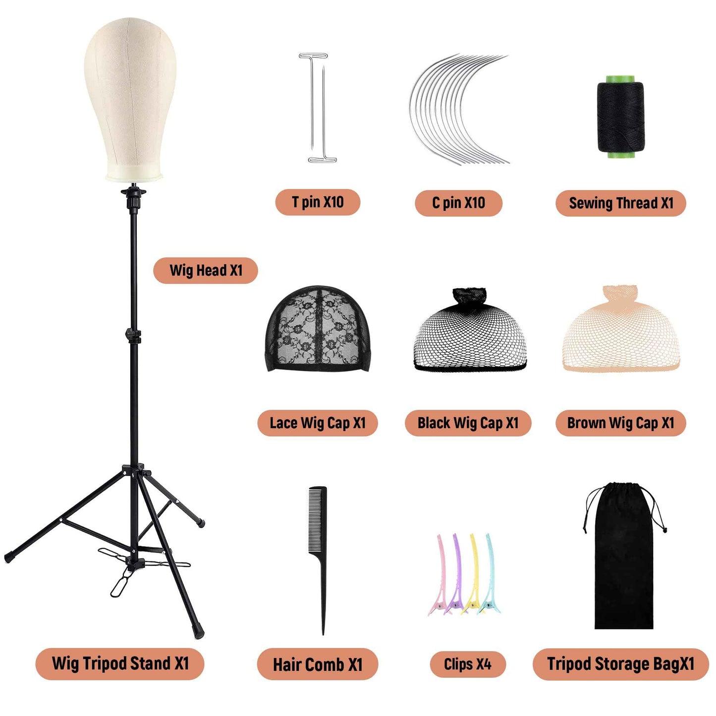 HYOUJIN Wig Stand with Adjustable Mannequin Head, Tripod Stand, Canvas Block Head, Wig Caps, T-Pins, Carry Bag (35.4-52.4in)
