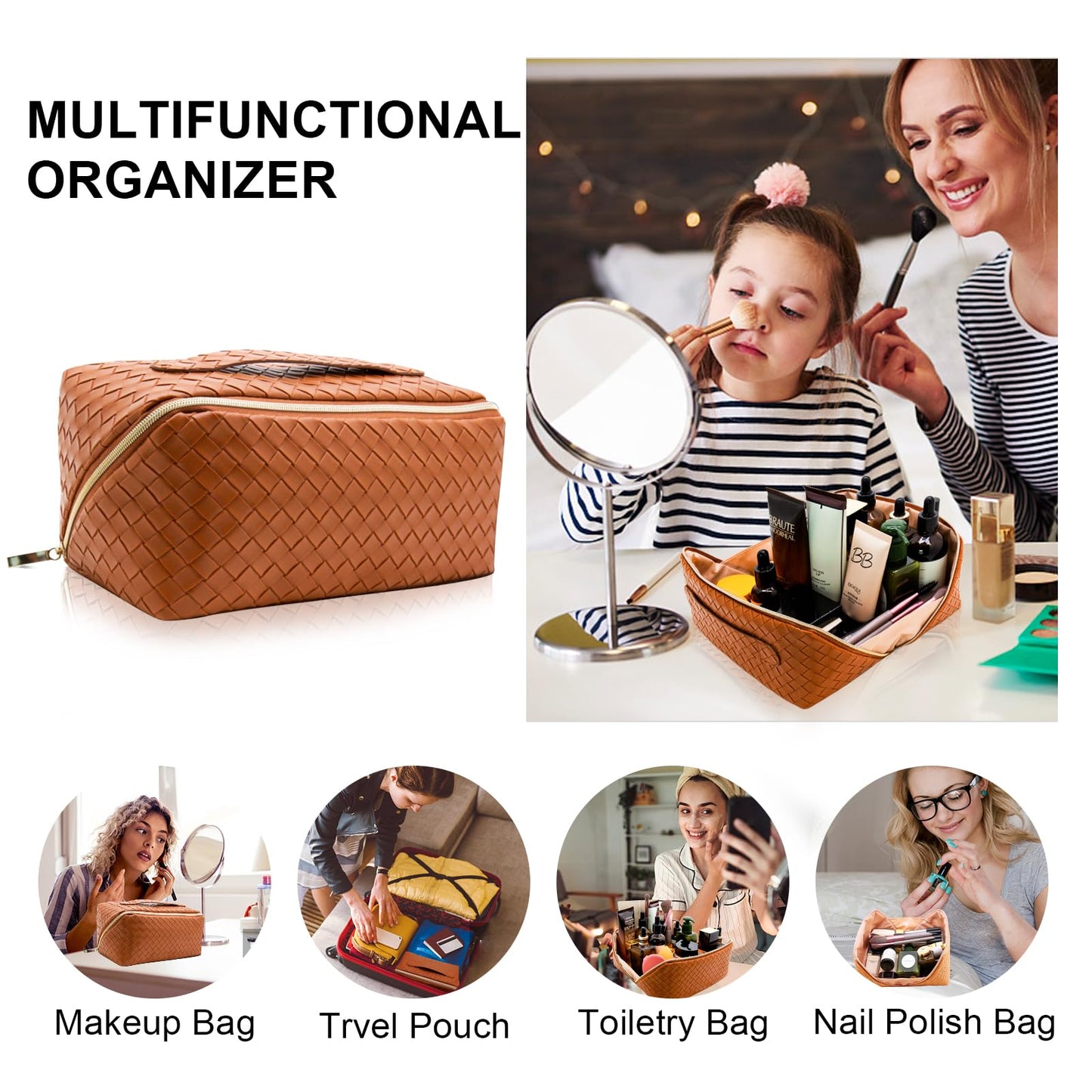 Makeup Bag,Large Capacity Travel Cosmetic Bag for Women, Multifunctional Open Flat Toiletry Bag with Handle,Washable Waterproof Beauty Zipper Makeup Organizer (A-Weave, BROWN)