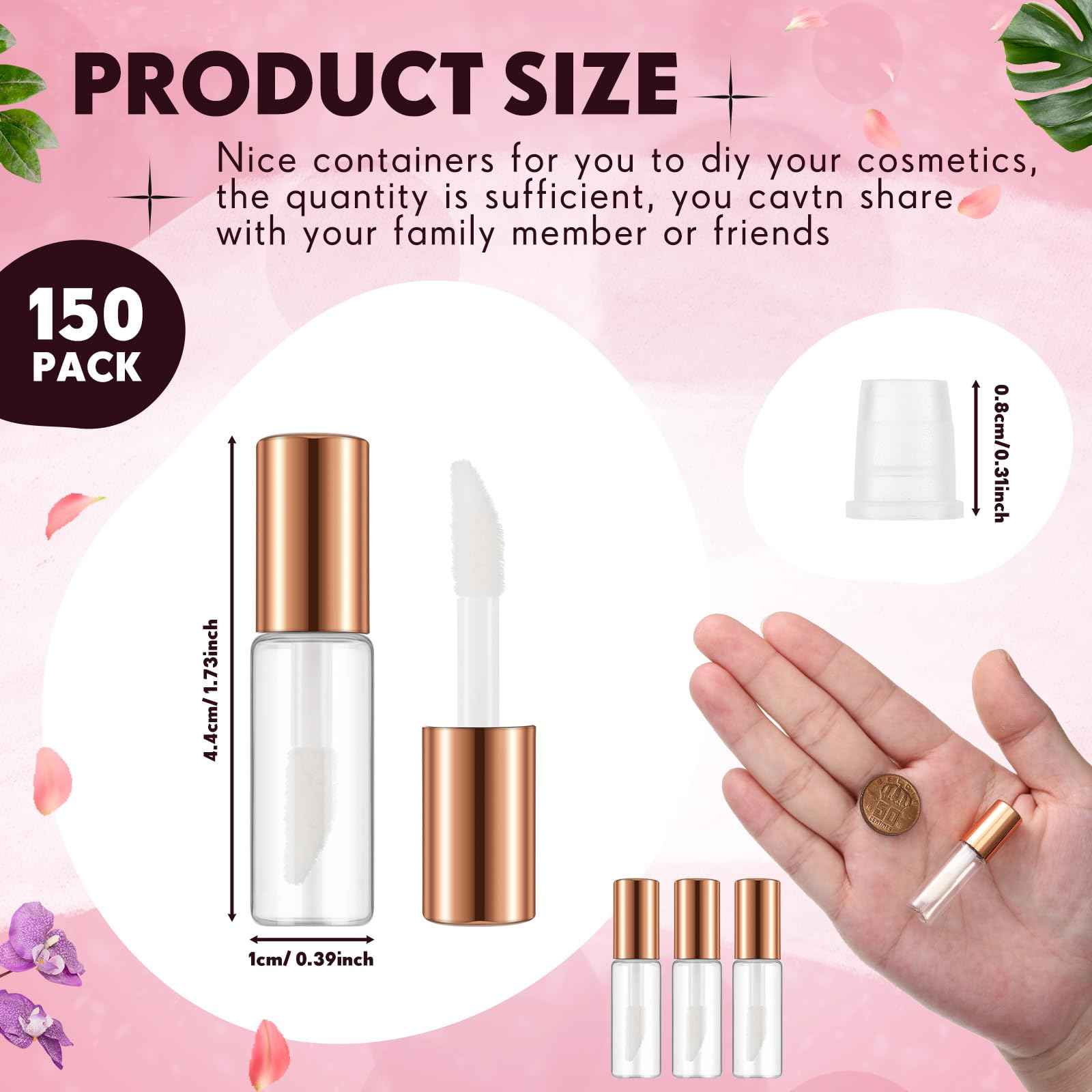 Jinei 150 Pcs 1.2ml Mini Lip Gloss Tubes Clear Empty Lip Balm Bottles, Refillable Containers Transparent Plastic Clear Lipstick Tubes for Women DIY Makeup Sample Travel(Rose Gold)