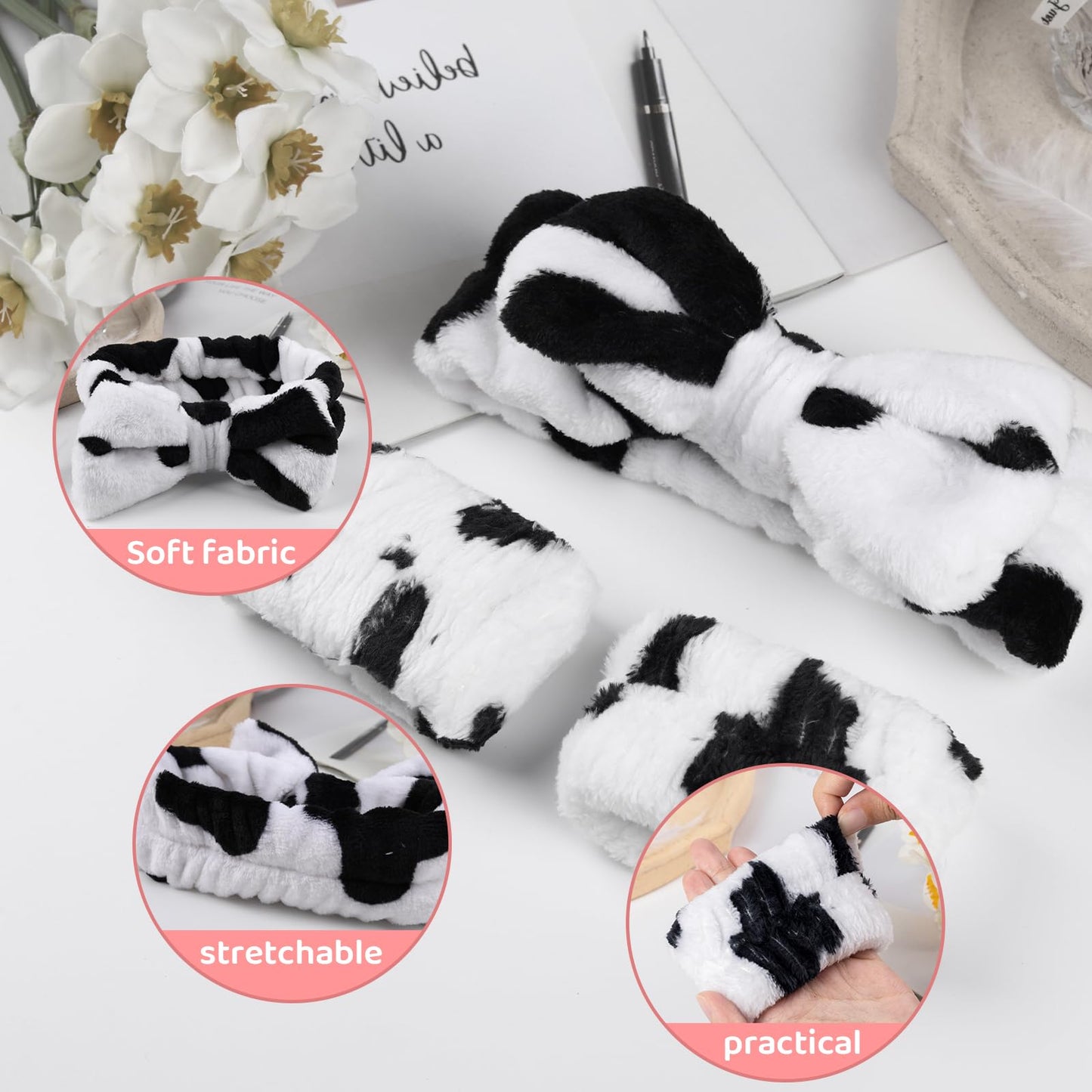 LGURT Fluffy Bow Tie Microfiber Headband Set with Absorbent Wristbands for Face Washing and Women's Skin Care (Cow Stripe)