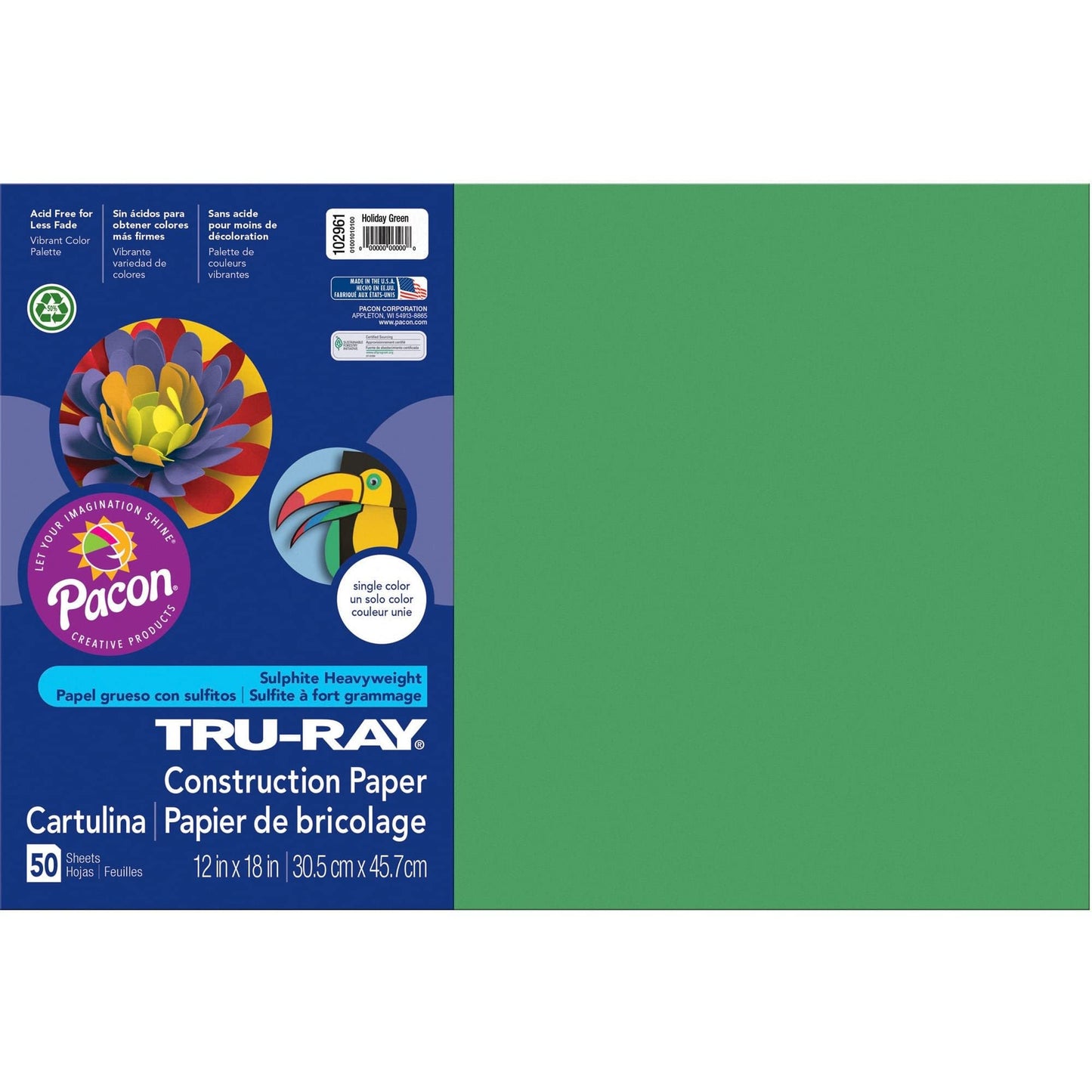 Tru-Ray® Construction Paper, 50% Recycled, 12" x 18", Holiday Green, Pack Of 50