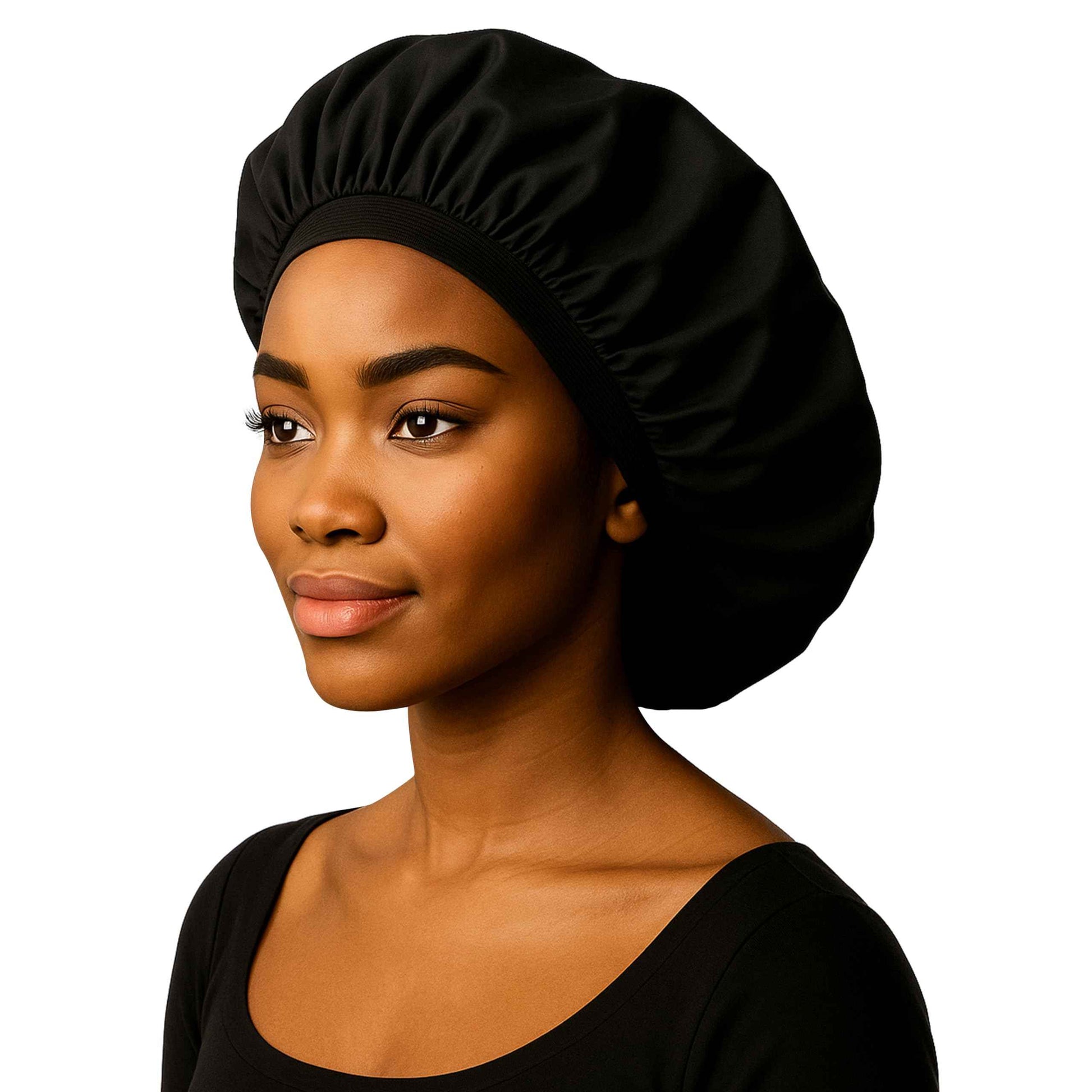 Only Reusable Oil Proof Nightcap, Protective Hair Bonnet and Shower Cap Too. Leakproof, Oilproof, and Waterproof. Larger Area to Accommodate Long Hair, Comfort Elastic Band (Small to Medium), Black