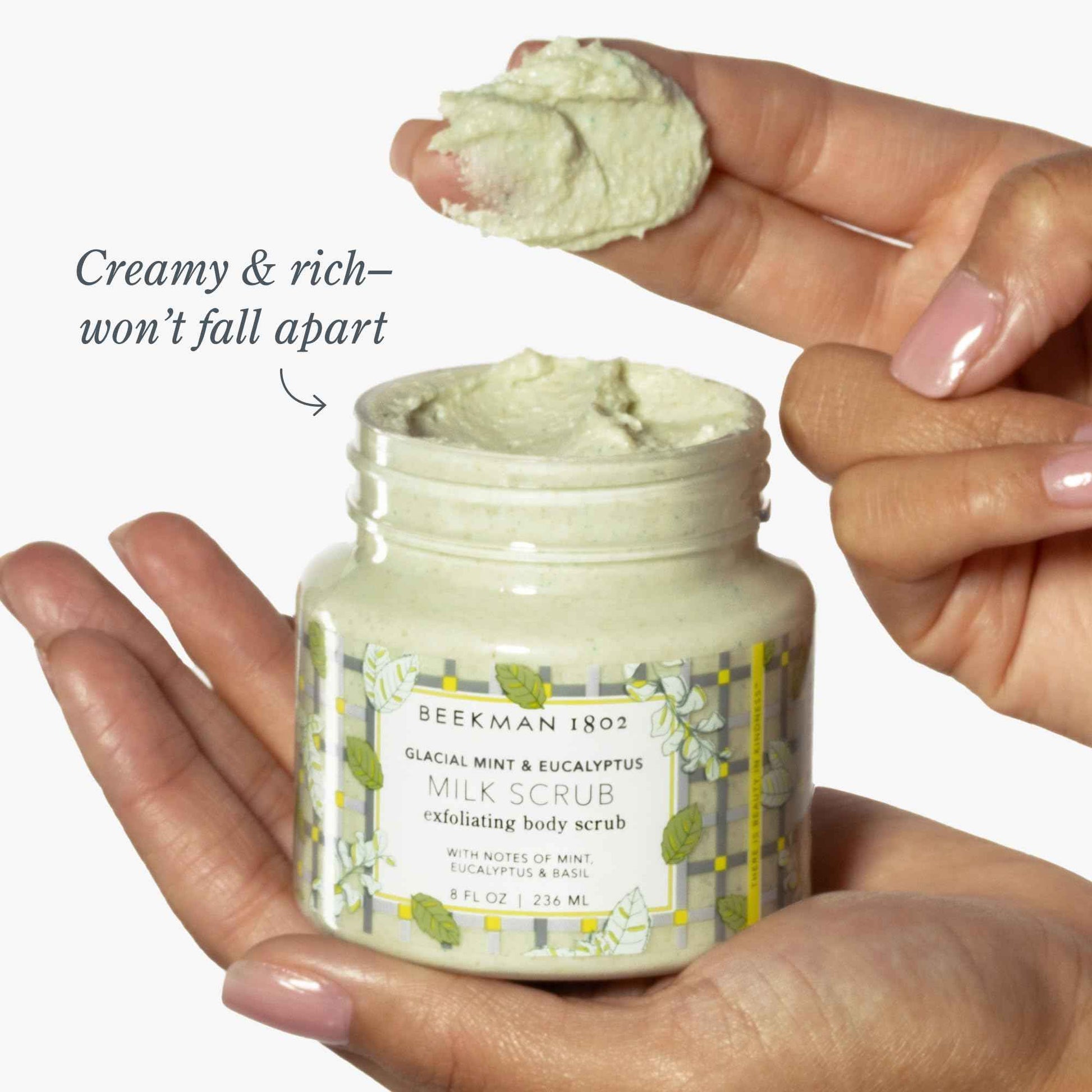 Beekman 1802 Glacial Mint & Eucalyptus Exfoliating Milk Body Scrub - 8.0 fl oz - Smooths & Evens Out Tone - With Goat Milk & Jojoba Beads - Skin Barrier Safe - Good for Sensitive Skin - Cruelty Free