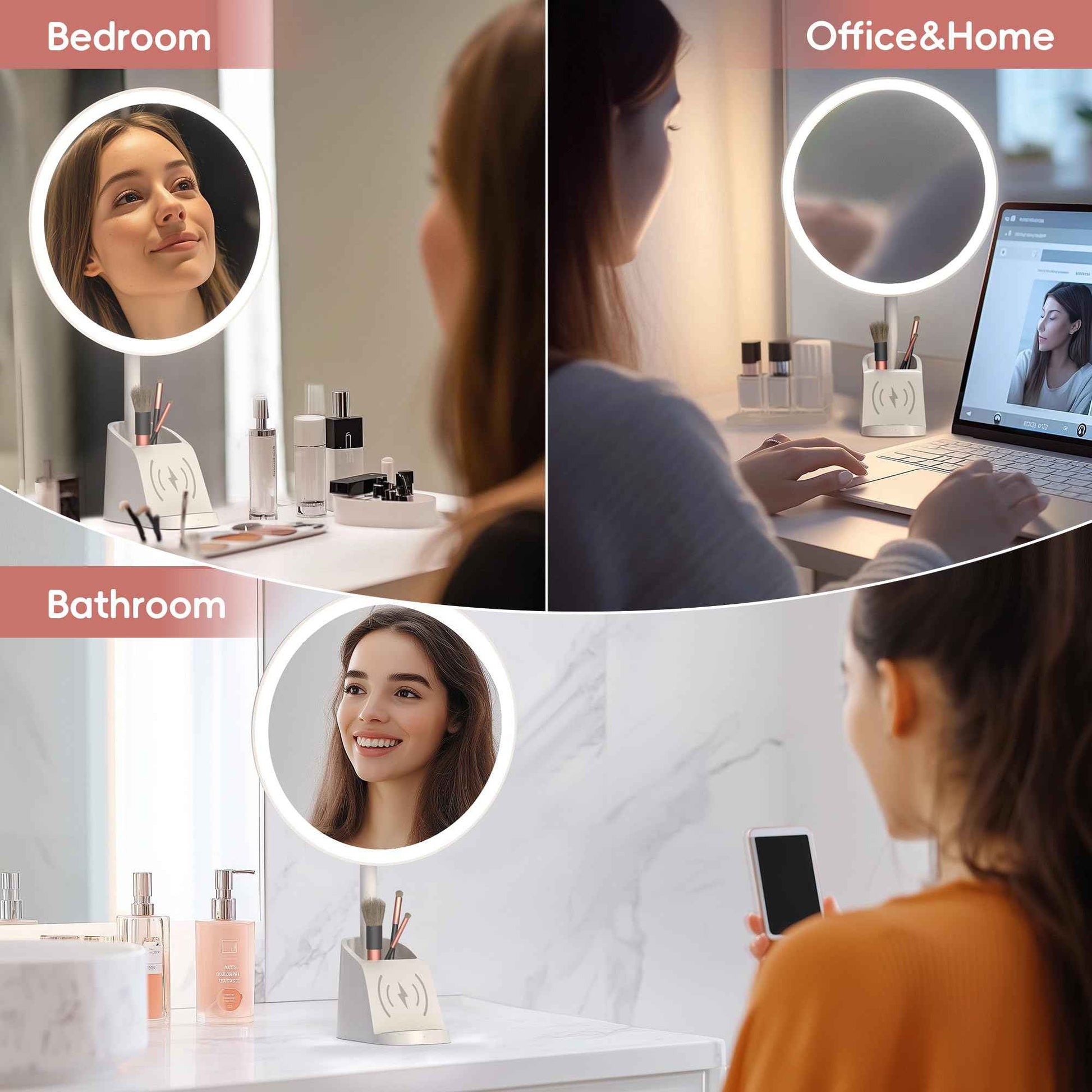 Yls Rechargeable Lighted Makeup Mirror with 1x/10x Detachable Magnification, Vanity Mirror with 3 Color Adjustable Lighting,Qi-Enabled Charging,and 360 °Rotating Design